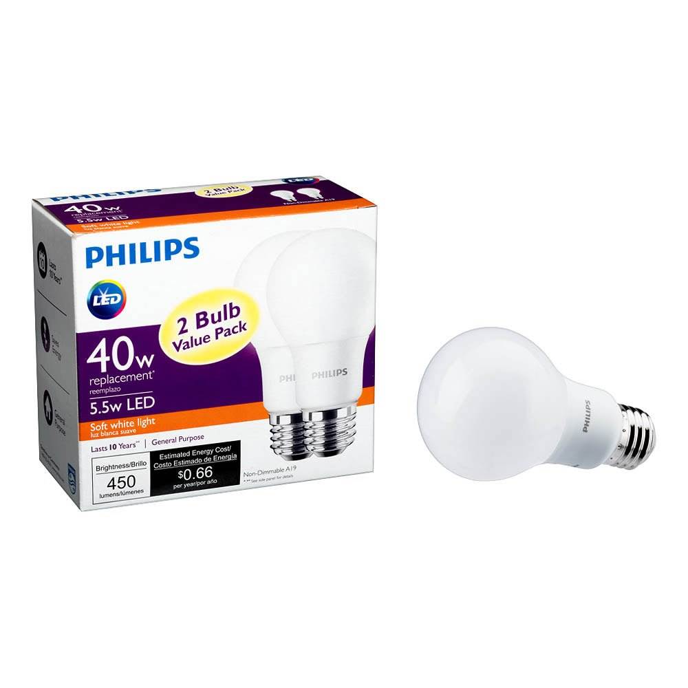 Philips 5.5 W A19 40W Replacement Soft White LED Light Bulb, 2 Pack (Open Box)