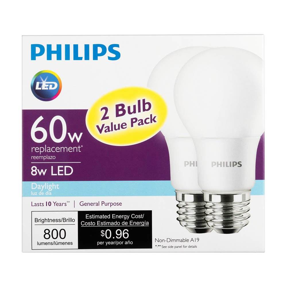 Philips 8W A19 60W Replacement Daylight LED Light Bulb, 2 Pack (Open Box)