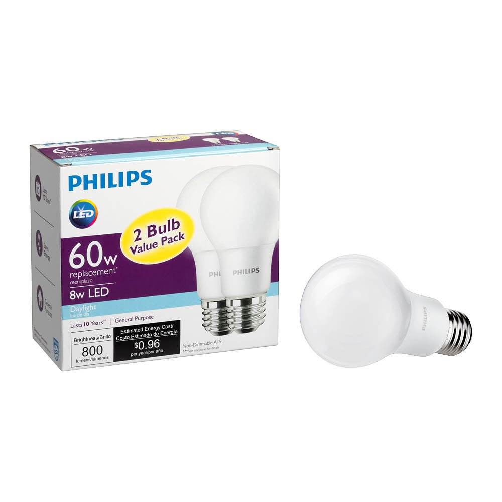 Philips 8W A19 60W Replacement Daylight LED Light Bulb, 2 Pack (Open Box)