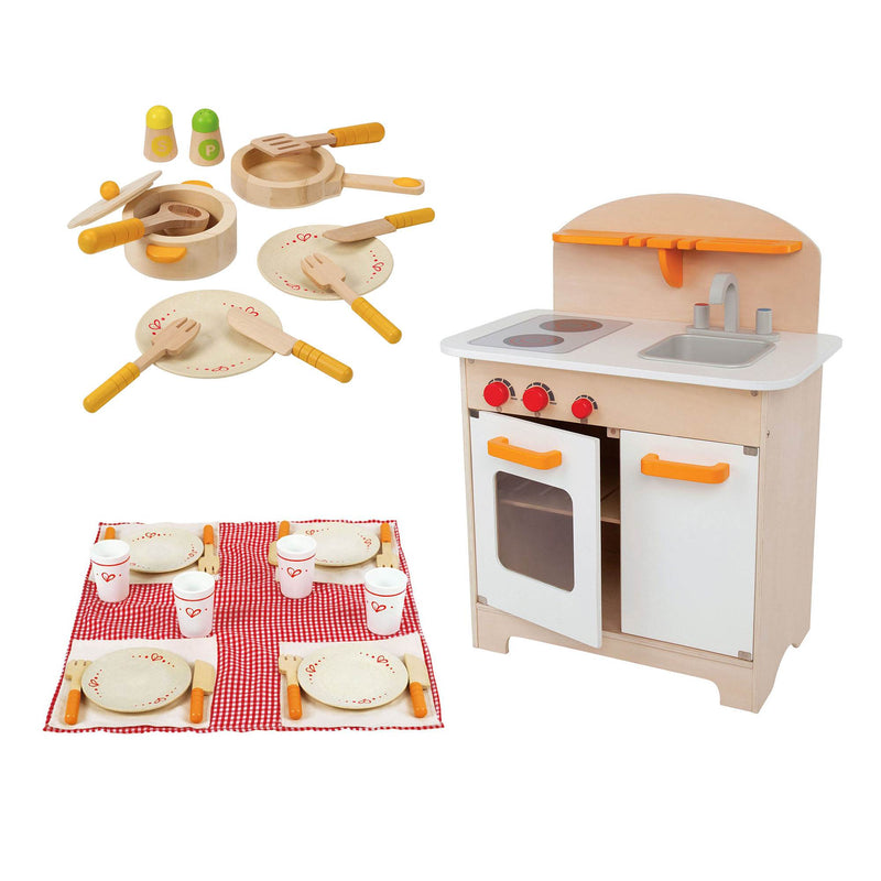 Hape Kids Wooden Gourmet Play Kitchen + Dish and Utensil Set + Picnic Dining Set