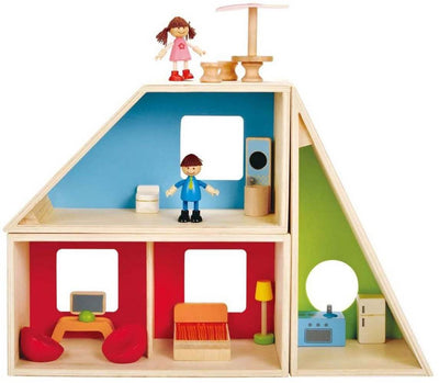 Hape Geometric Kids Toy Family House Wooden Dollhouse w/ Dolls and Furniture