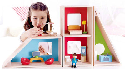 Hape Geometric Kids Toy Family House Wooden Dollhouse w/ Dolls and Furniture