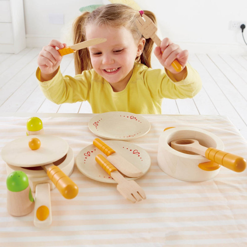 Hape Kids Wooden Pretend Play Kitchen Dish & Utensil Set + Wooden Dessert Tower