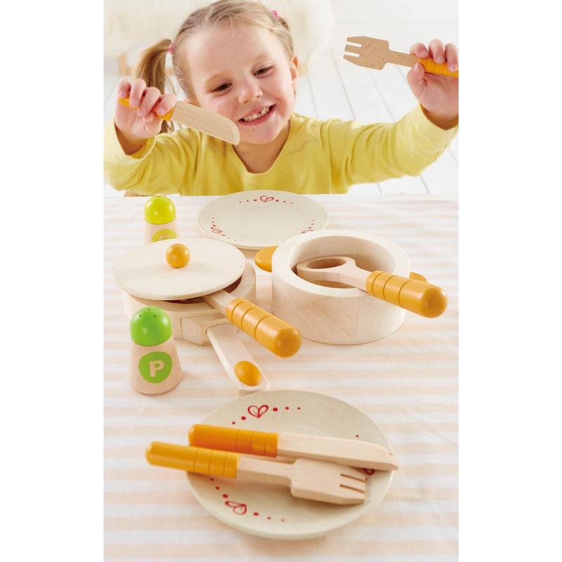 Hape Kids Wooden Pretend Play Kitchen Dish & Utensil Set + Wooden Dessert Tower