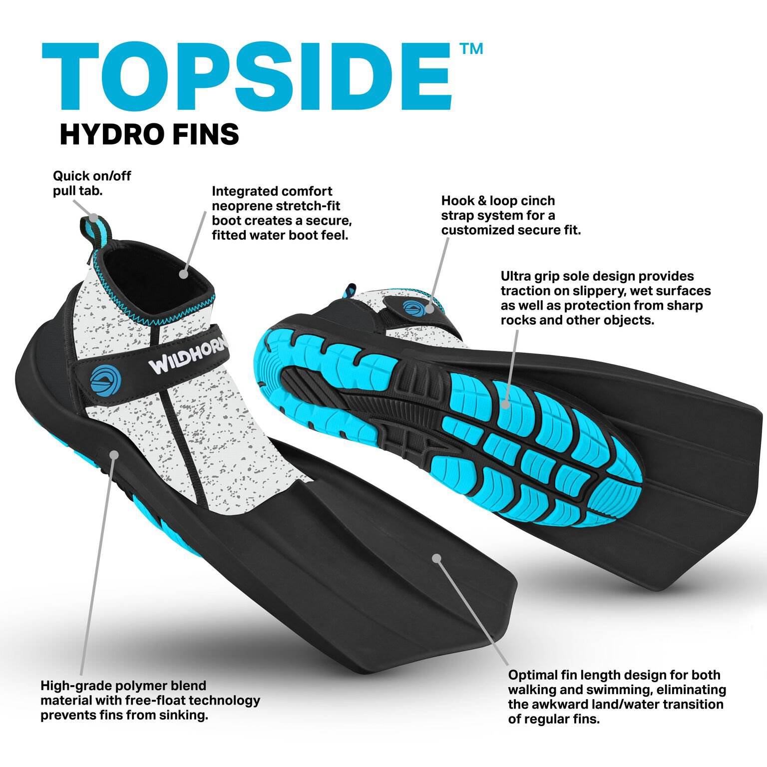 Wildhorn Topside Women's 7 Youth 5 Snorkel Fins Swim Flippers, Pearl Aqua (Used)