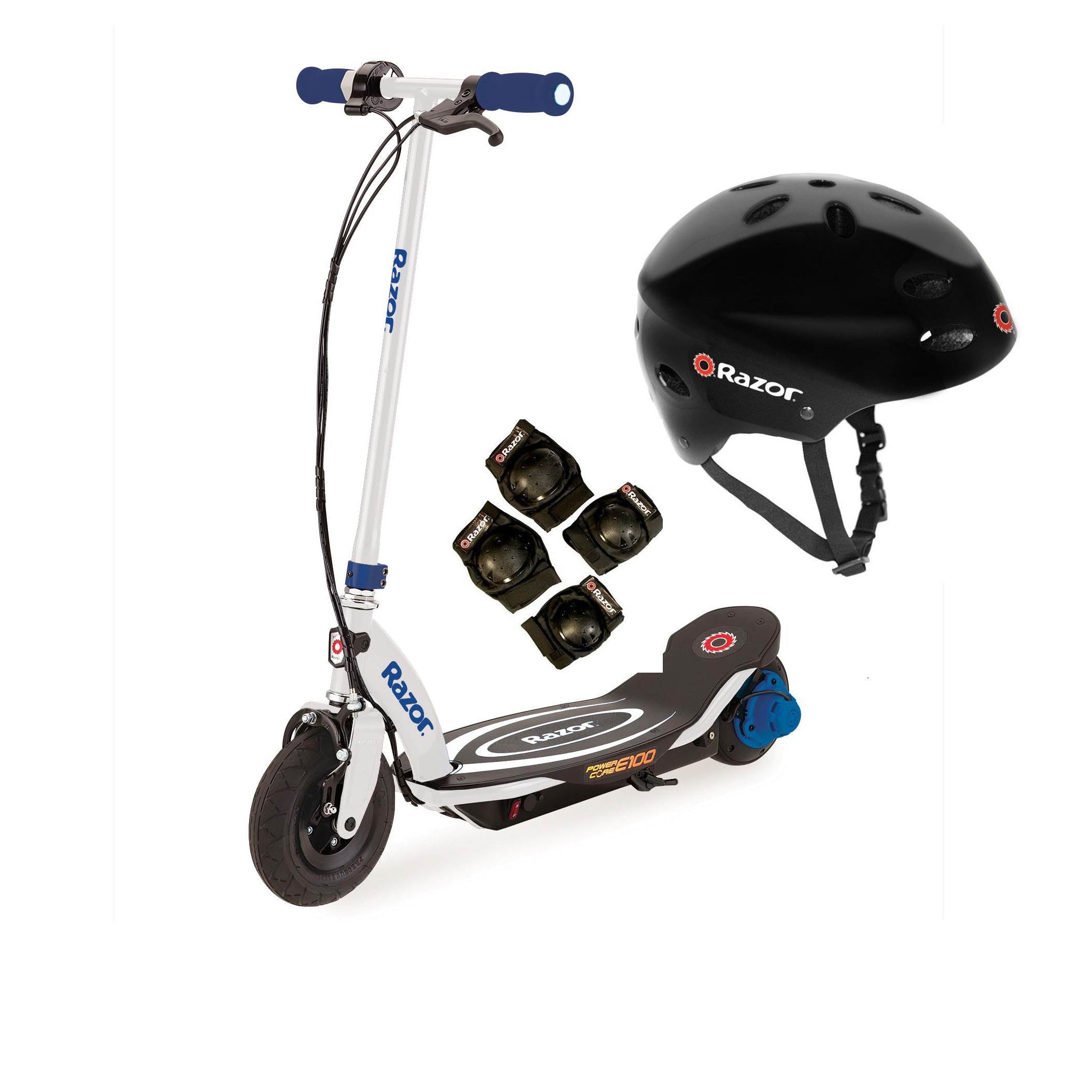 Razor Power Core E100 Kids Ride On Electric Motor Scooter w/ Helmet & Pads, Blue
