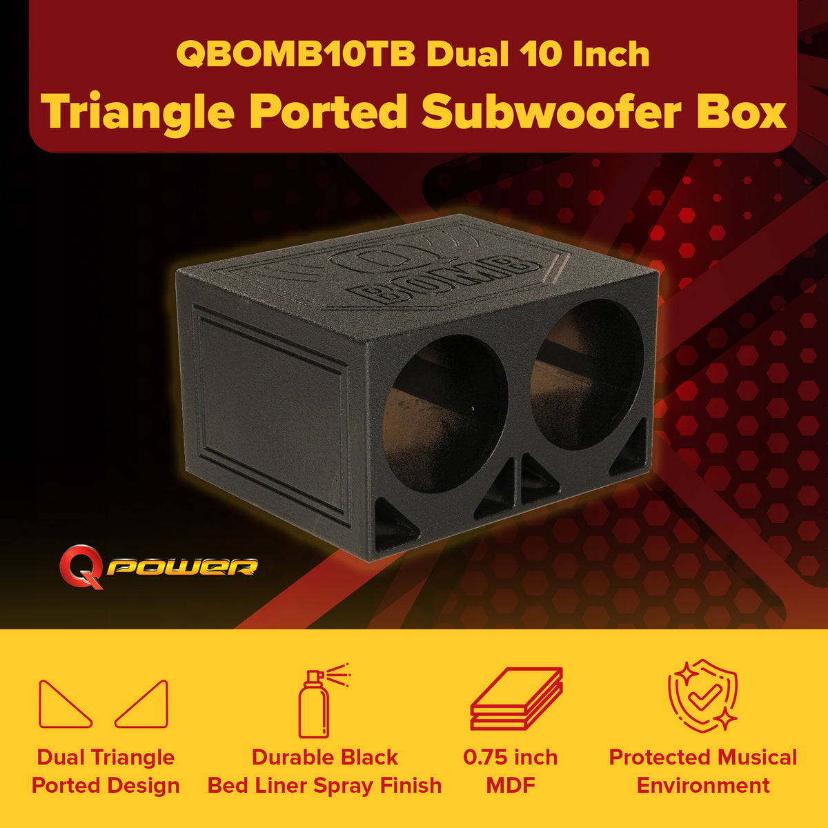 QPower Dual 10 Inch Triangle Ported Subwoofer Box w/ Bedliner Spray (For Parts)