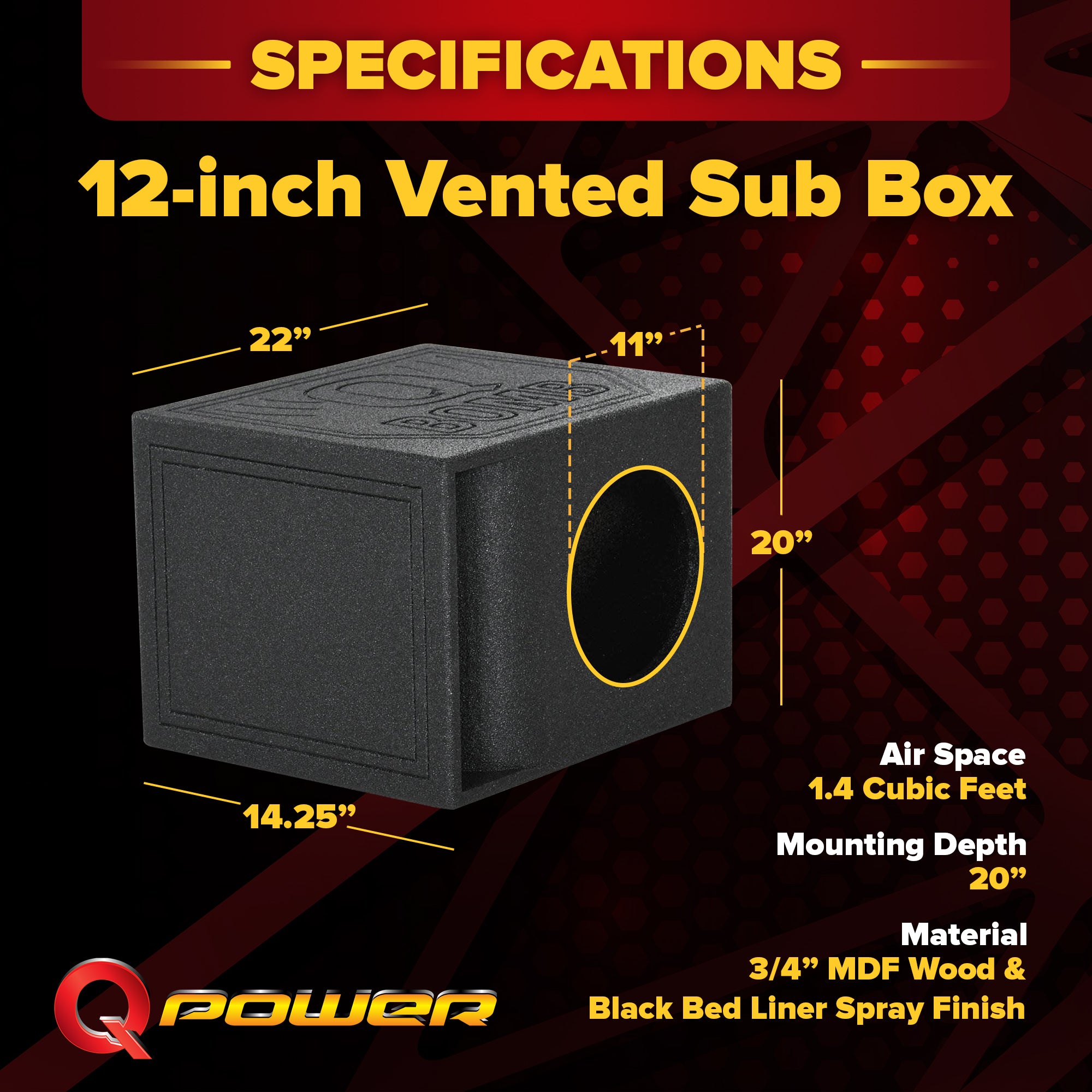 QPower QBomb QBOMB12HP Single 12" Vented Port Subwoofer Box w/ Bedliner Spray