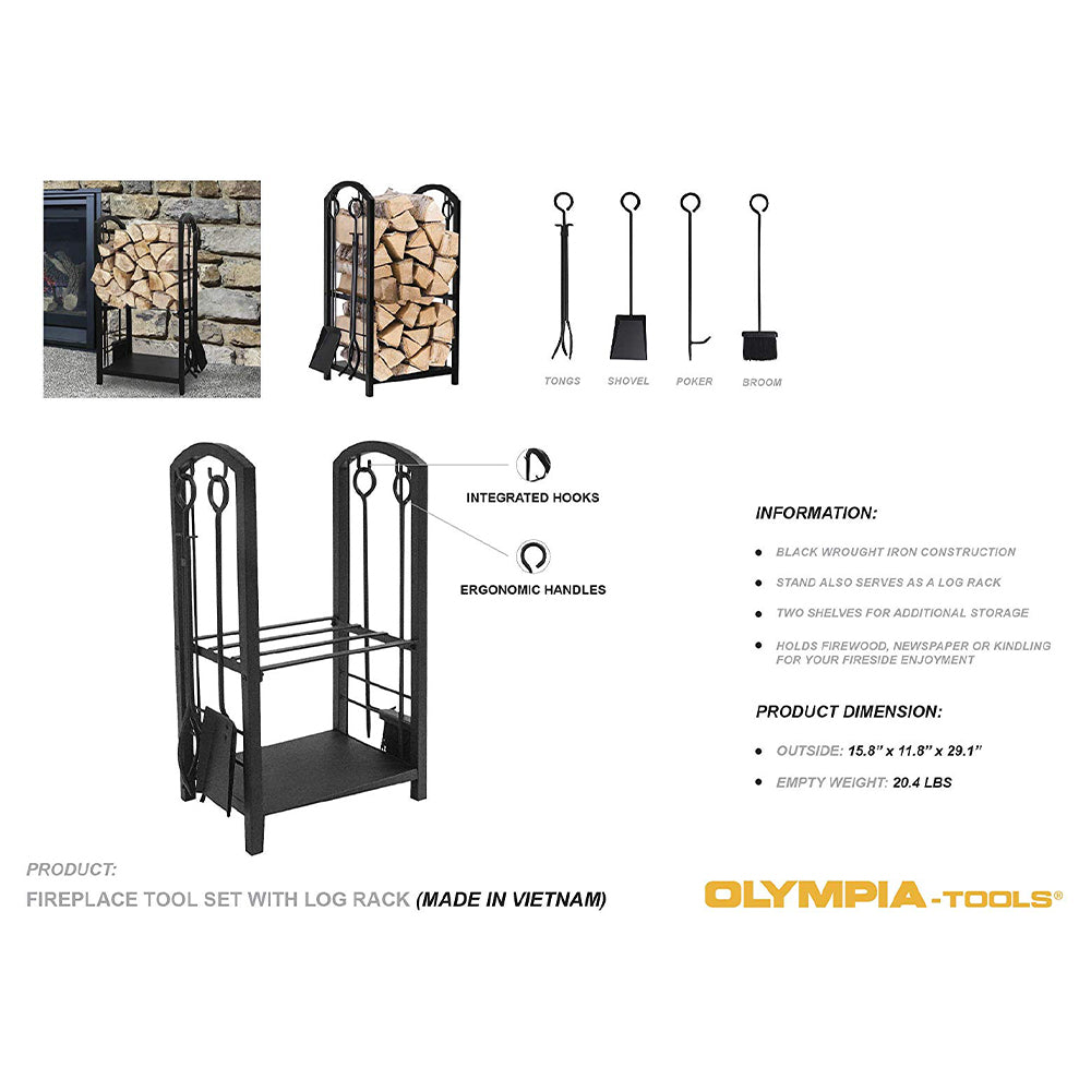 Olympia Tools 5 Piece Iron Construction Fireplace Tool Set w/Log Rack (Open Box) - VMInnovations