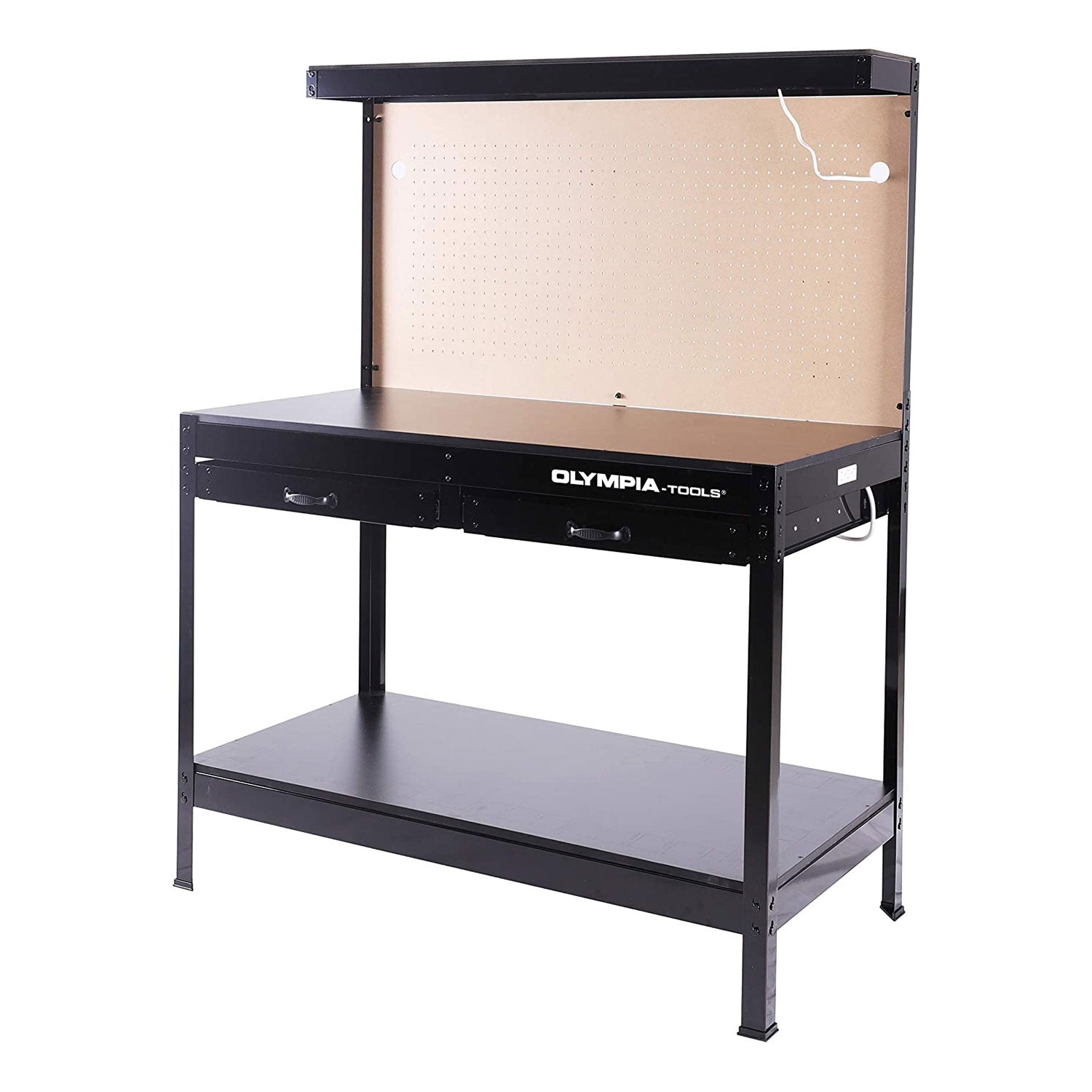 Olympia Tools 47" Steel Workbench w/ Light, Outlets, Pegboard and Storage, Black
