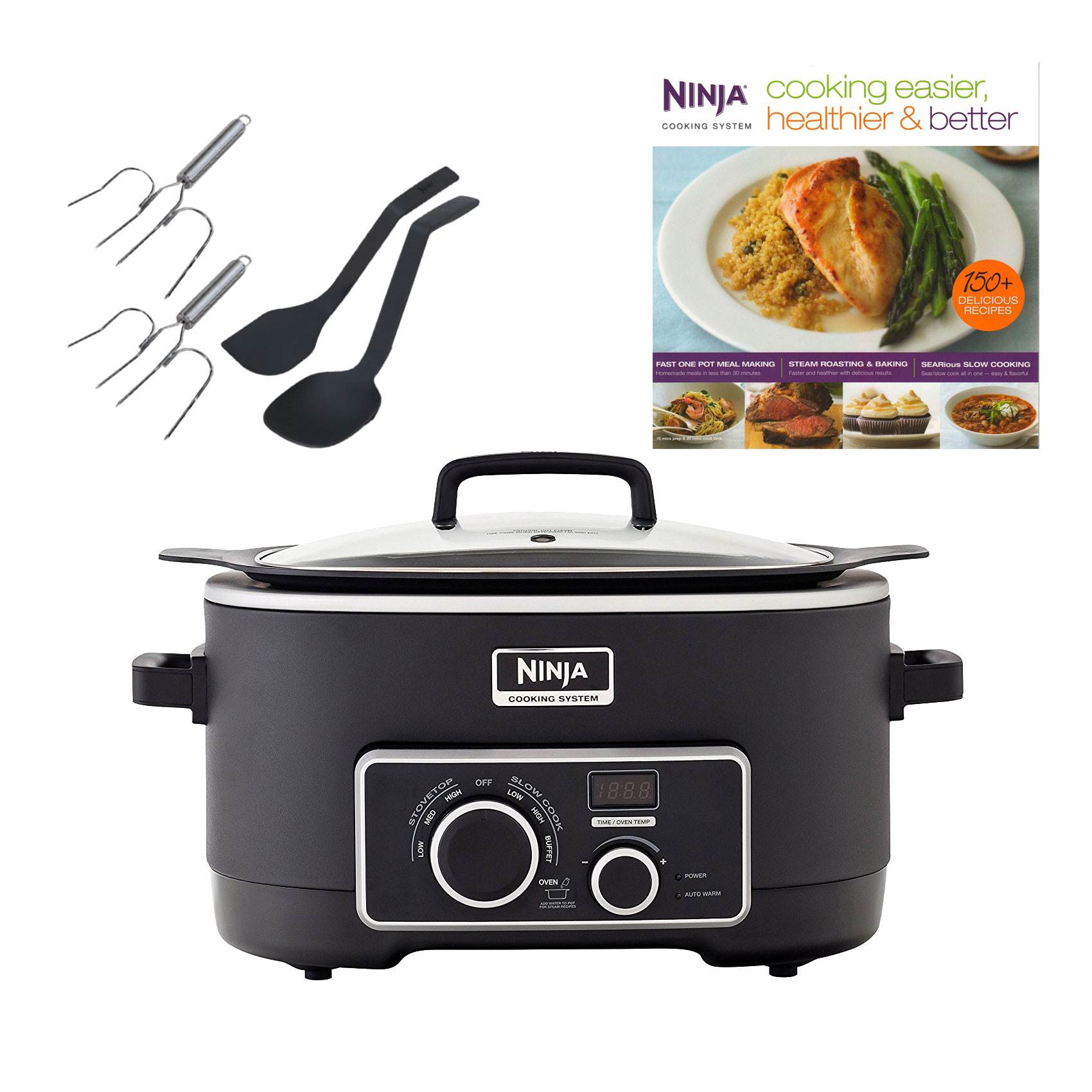 Ninja 3-in-1 6 Quart Slow Cooker Cooking System + 150 Recipe Book + Utensil Kit