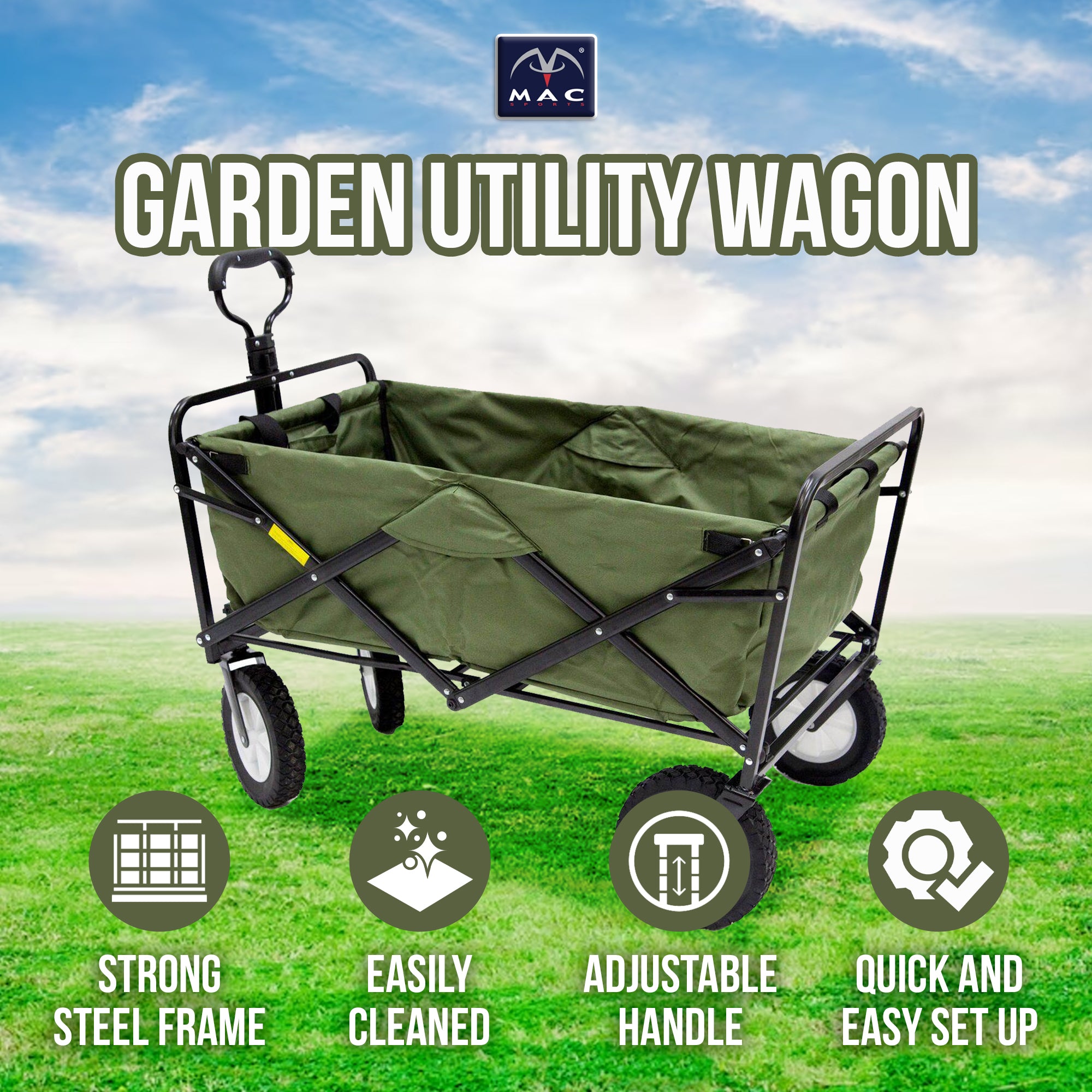 Mac Sports Collapsible Steel Frame Garden Utility Wagon Cart, Green (Open Box) - VMInnovations