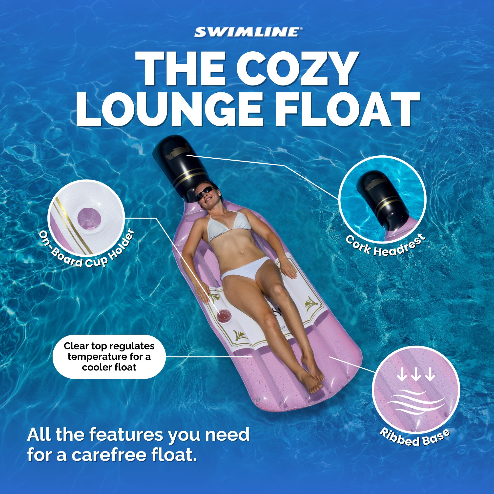 Swimline 90654 Giant Inflatable 94" Rosè Wine Bottle Pool Float Raft Mat, Pink - VMInnovations