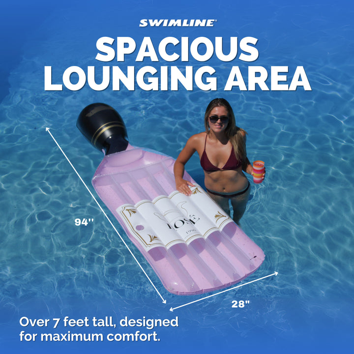 Swimline 90654 Giant Inflatable 94" Rosè Wine Bottle Pool Float Raft Mat, Pink - VMInnovations