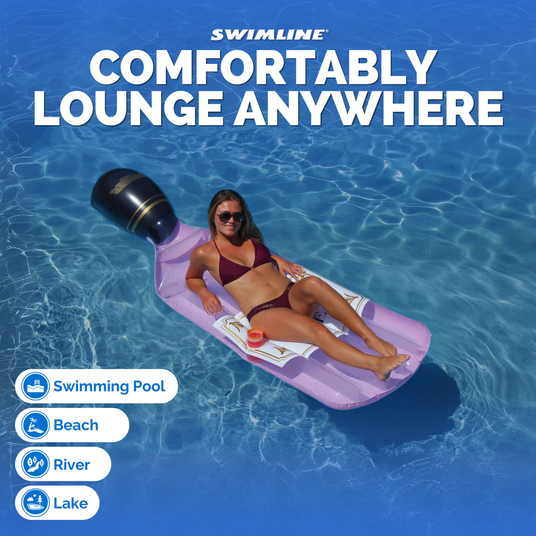 Swimline 90654 Giant Inflatable 94" Rosè Wine Bottle Pool Float Raft Mat, Pink - VMInnovations