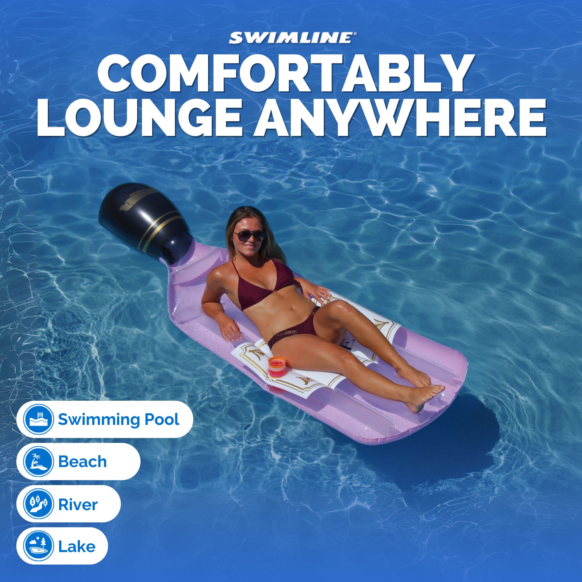 Swimline 90654 Giant Inflatable 94" Rosè Wine Bottle Pool Float Raft Mat, Pink - VMInnovations