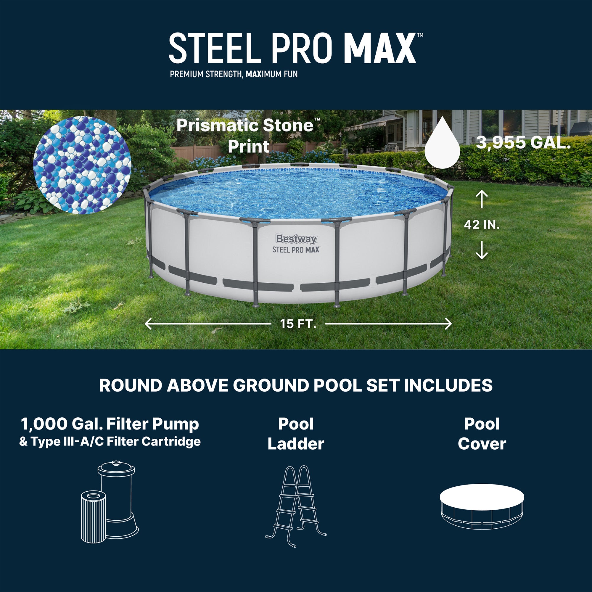 Bestway Steel Pro MAX 15'x42" Round Above Ground Swimming Pool with Pump & Cover