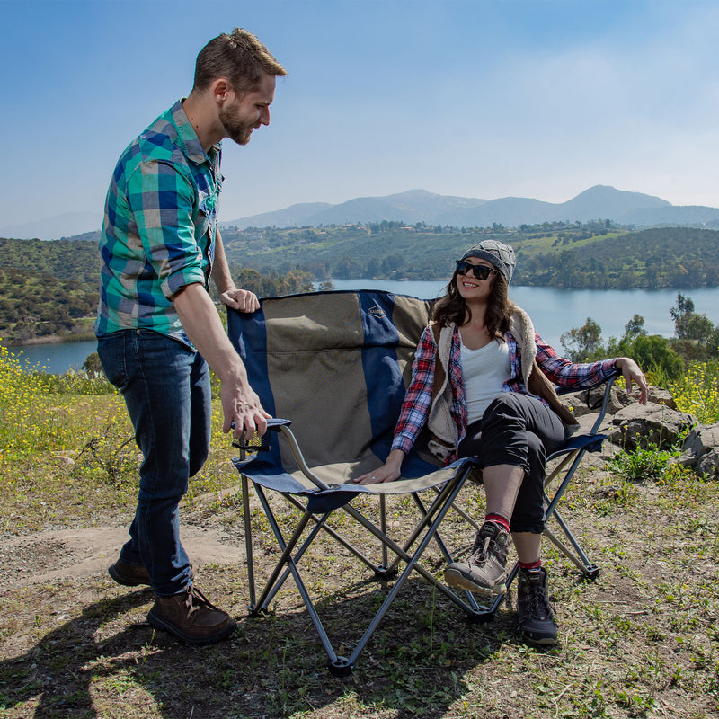 Kamp-Rite Portable Folding Outdoor Double Camping Lawn Beach Chair, Navy/Tan
