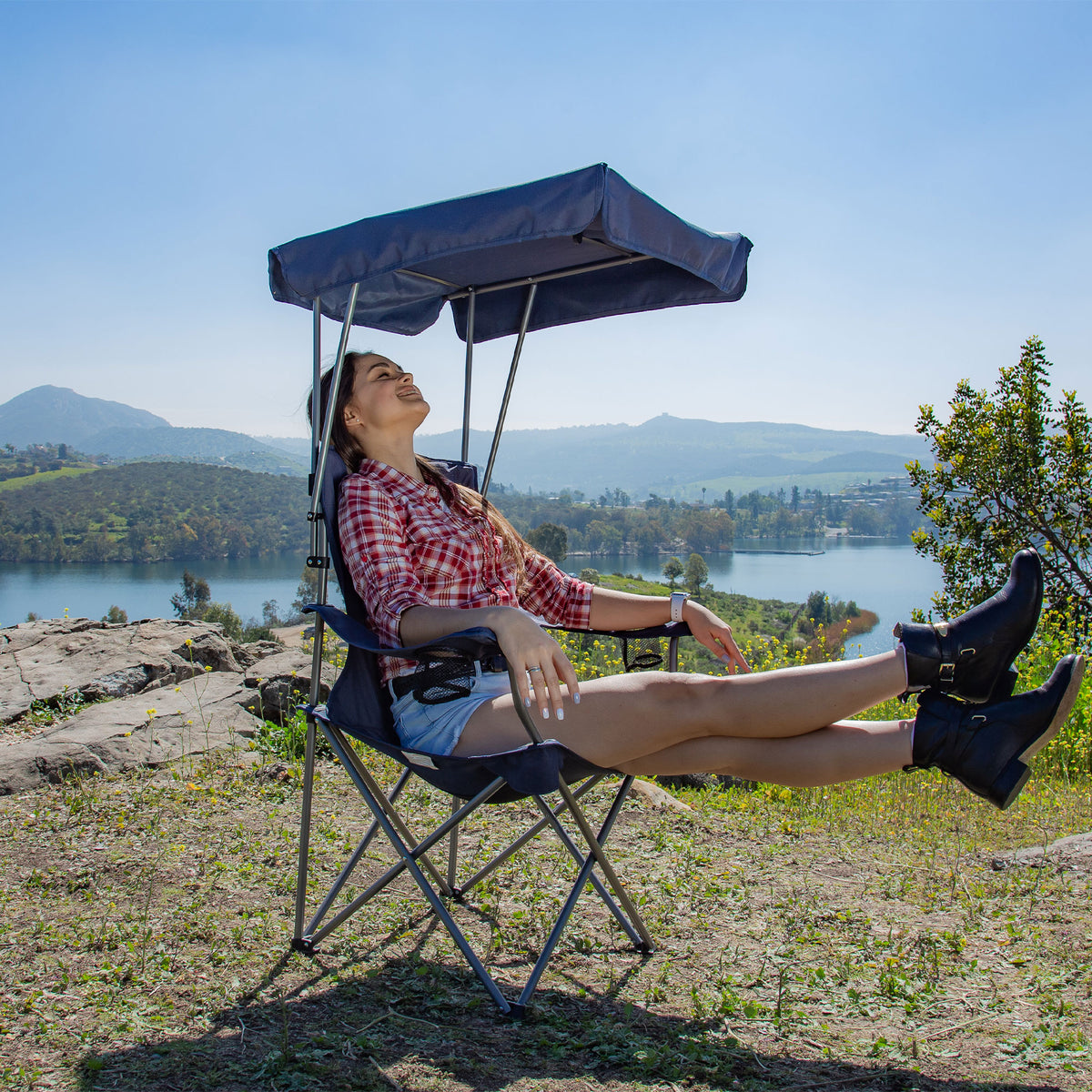 Kamp-Rite Folding Camp Chair w/Shade Canopy & Cupholders, Navy/Tan (For Parts)