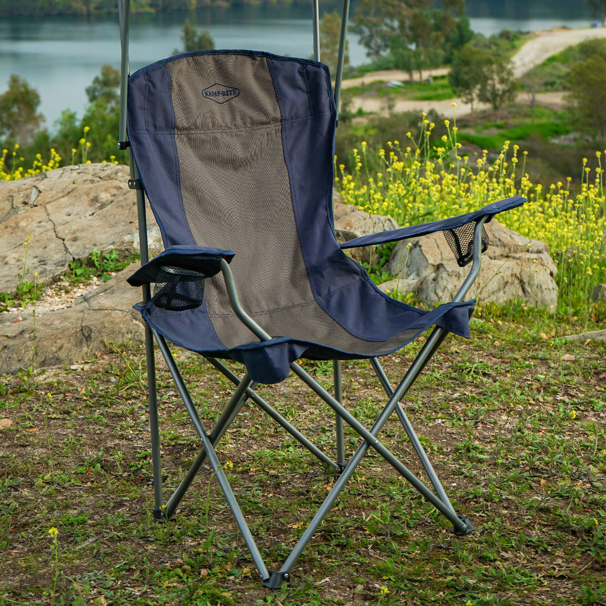 Kamp-Rite Folding Camp Chair w/Shade Canopy & Cupholders, Navy/Tan (For Parts)