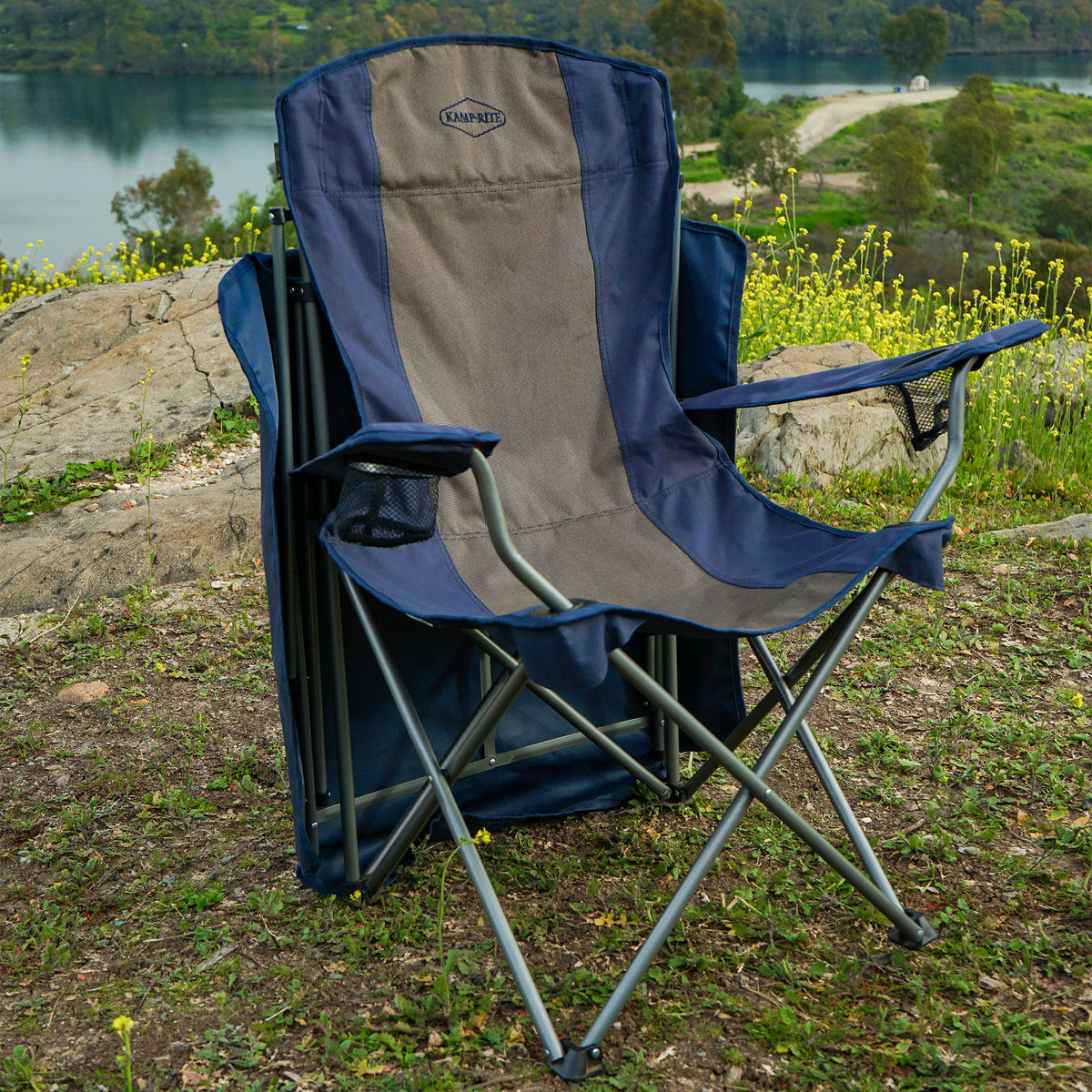 Kamp-Rite Folding Camp Chair w/Shade Canopy & Cupholders, Navy/Tan (For Parts)