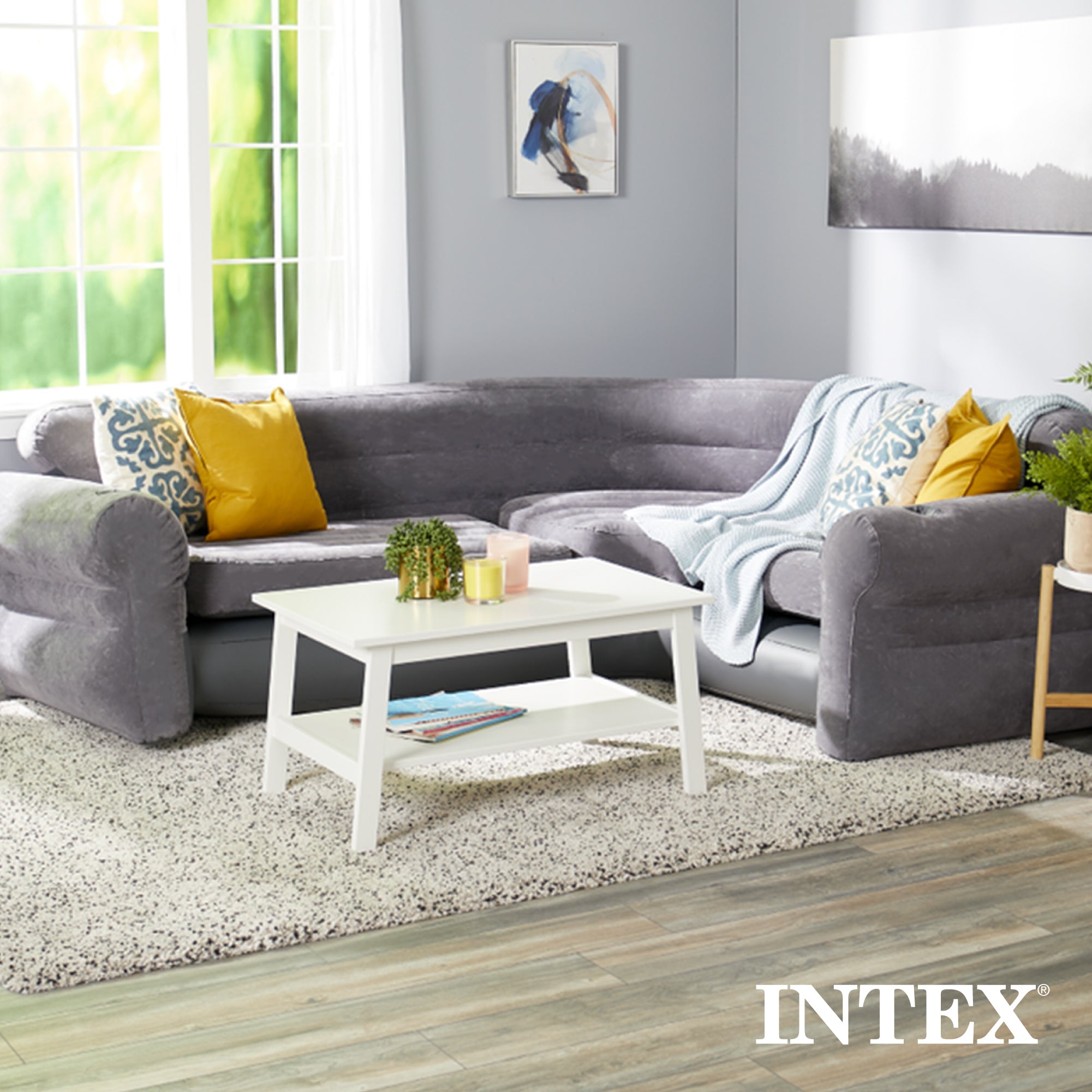 Intex Inflatable Indoor Corner Couch with Cupholders and Electric Air Pump