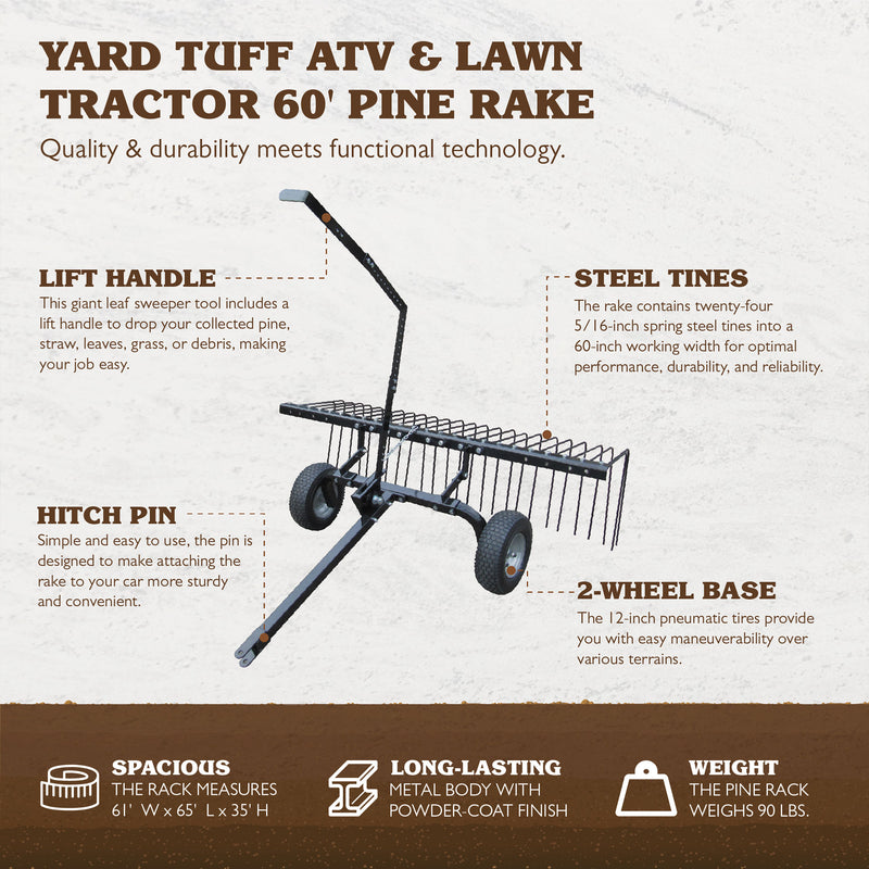 Yard Tuff 60" Pine Straw ATV Tow Behind Steel Landscape Rake w/ Wheels & Handle