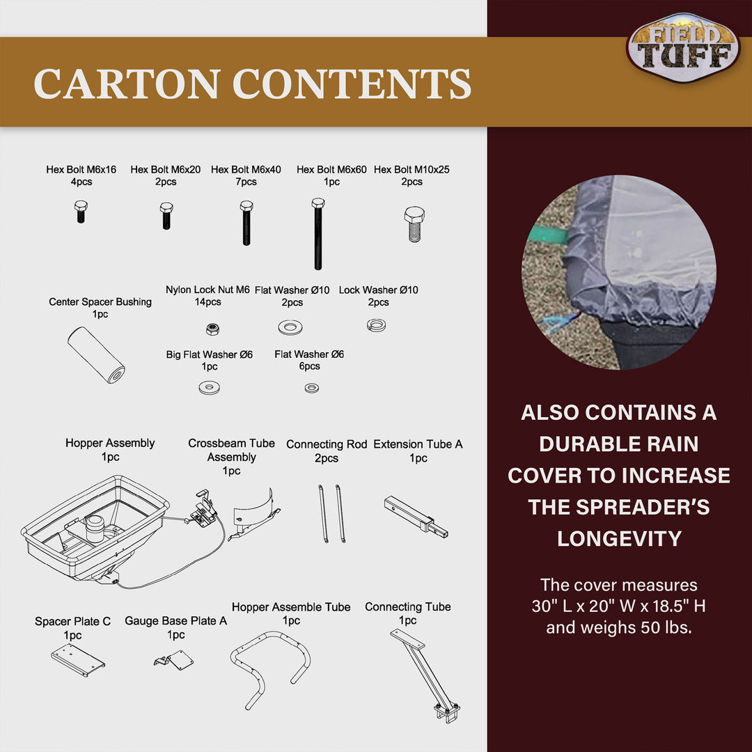 Field Tuff 12V ATV Hitch Mount Receiver 125 lb Grass, Seed, Fertilizer Spreader