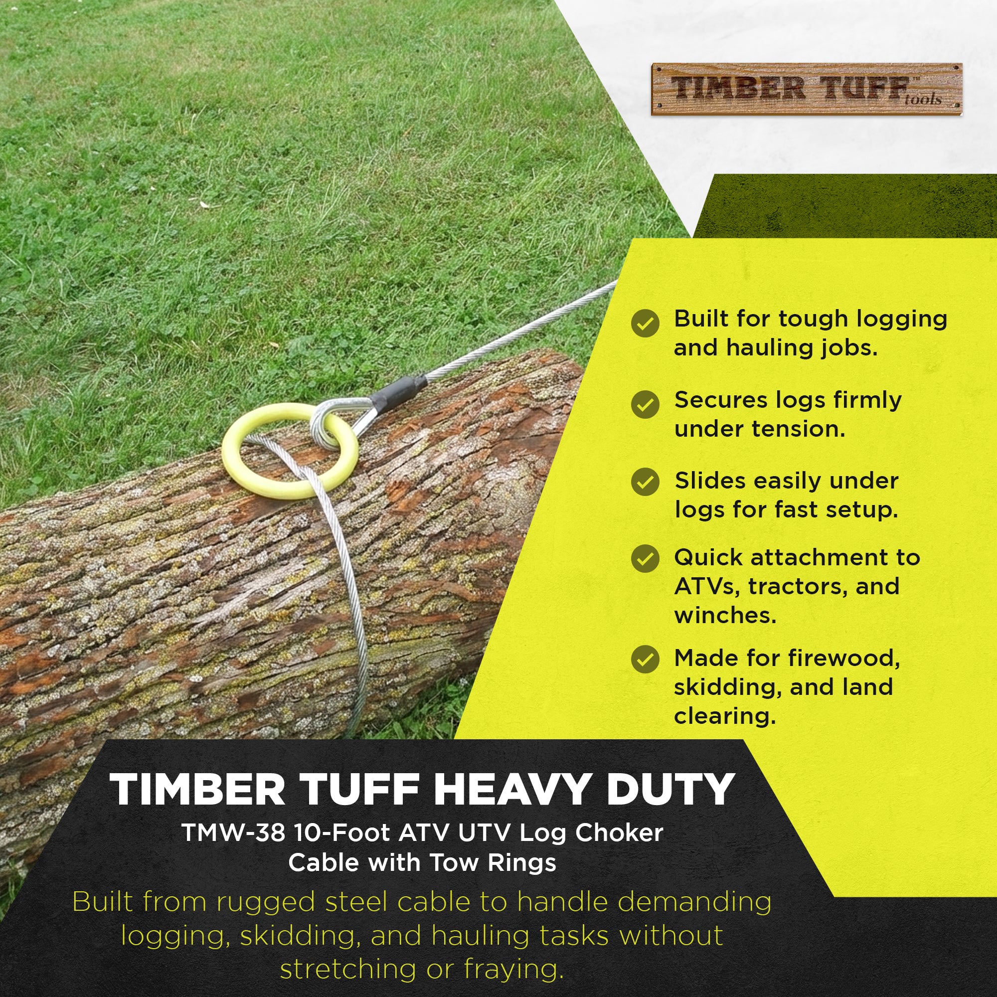 Timber Tuff ATV and UTV Heavy Duty Log Lumber Choker Cable w/ Tow Rings (2 Pack)