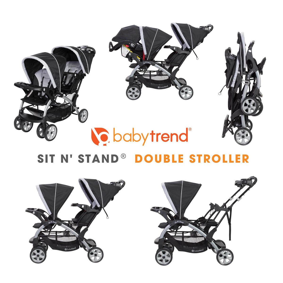 Baby Trend Sit-N-Stand Twin Tandem 2-Seat Double Stroller, Stormy (Open Box) - VMInnovations