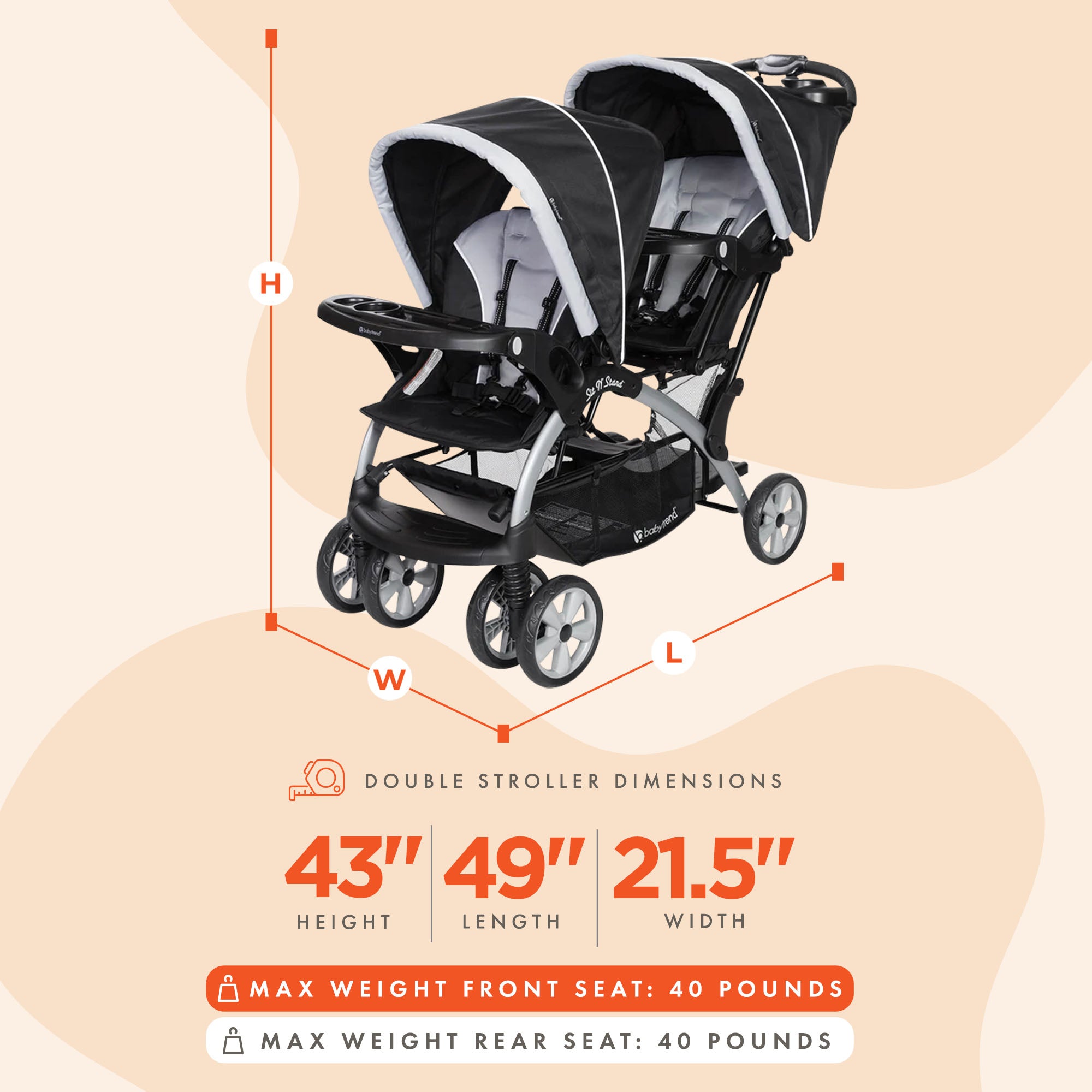 Baby Trend Sit-N-Stand Twin Tandem 2-Seat Double Stroller, Stormy (Open Box) - VMInnovations