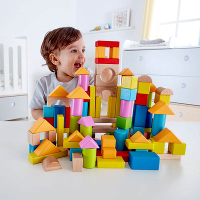 Hape Kid's Toddler 100 Piece Stacking Build Up and Away Wooden Blocks Toy Set