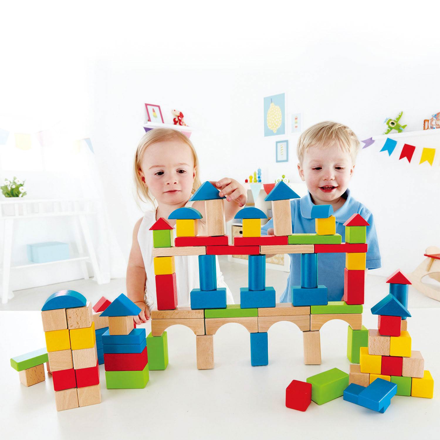 Hape Kid's Toddler 100 Piece Build Up and Away Wooden Blocks Toy Set (Open Box) - VMInnovations