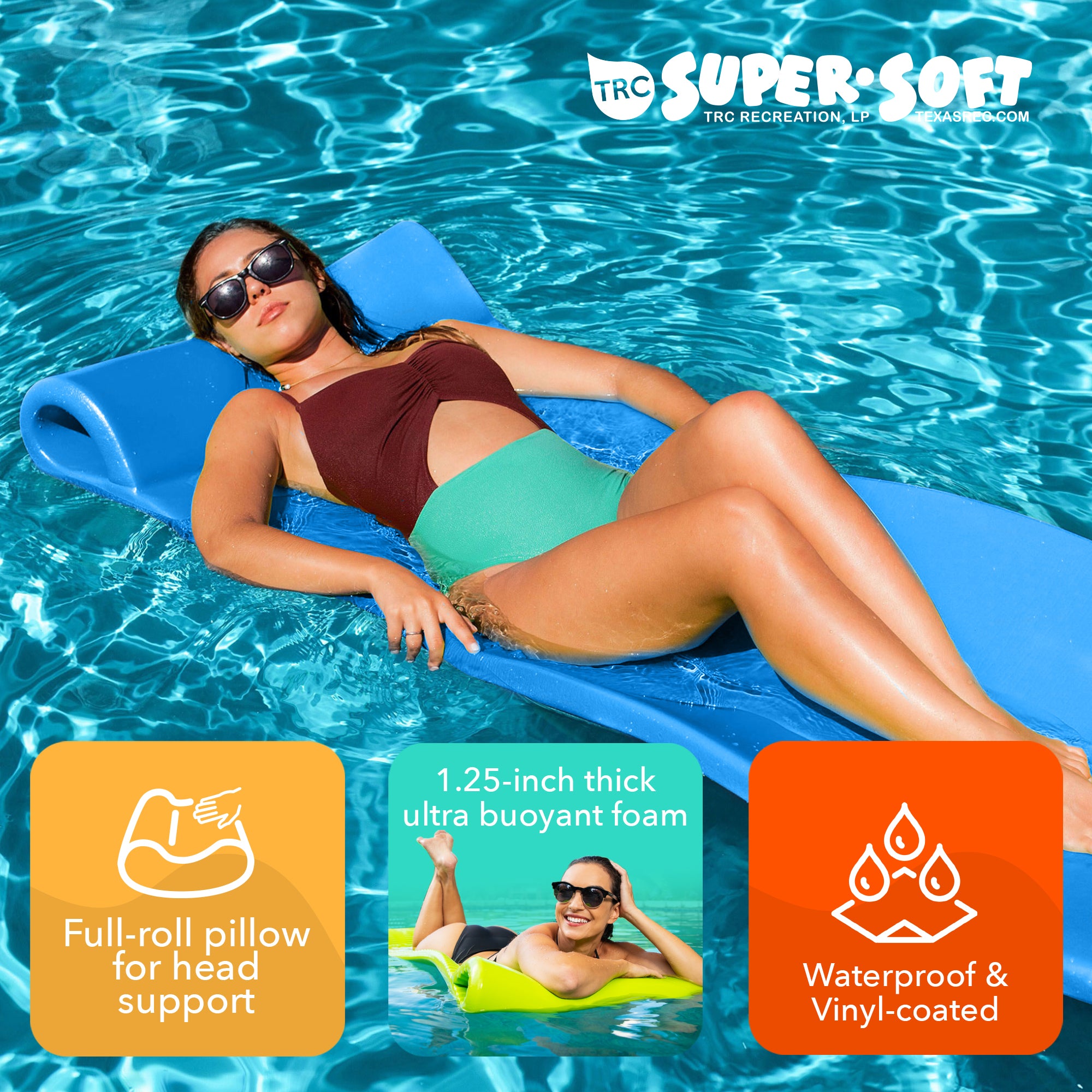 Texas Recreation Splash 70 Inch Foam Raft Lounger Pool Lake Float, Blue (3 Pack)