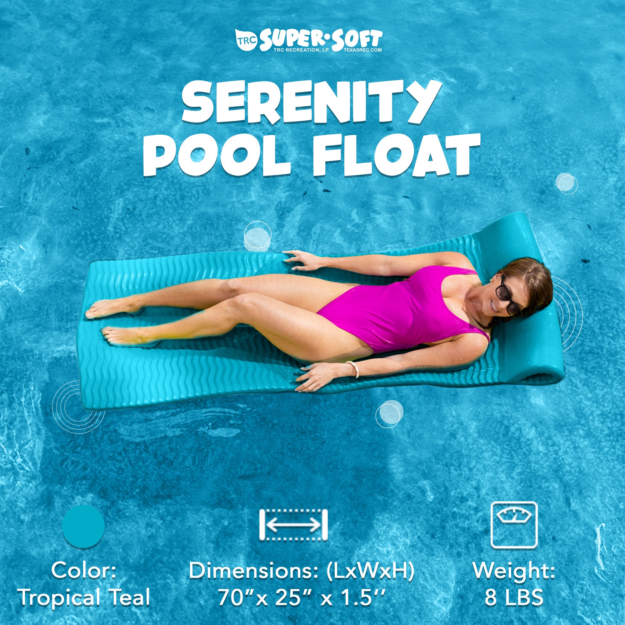 TRC Recreation Serenity 1.5" Thick Foam Pool Float Mat, Tropical Teal (Open Box) - VMInnovations