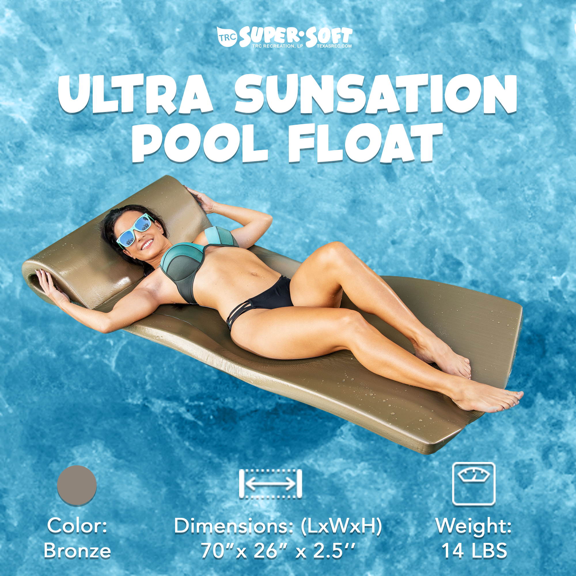TRC Recreation Ultra Sunsation 2.5" Thick Foam Pool Float Lounge Mat, Bronze - VMInnovations