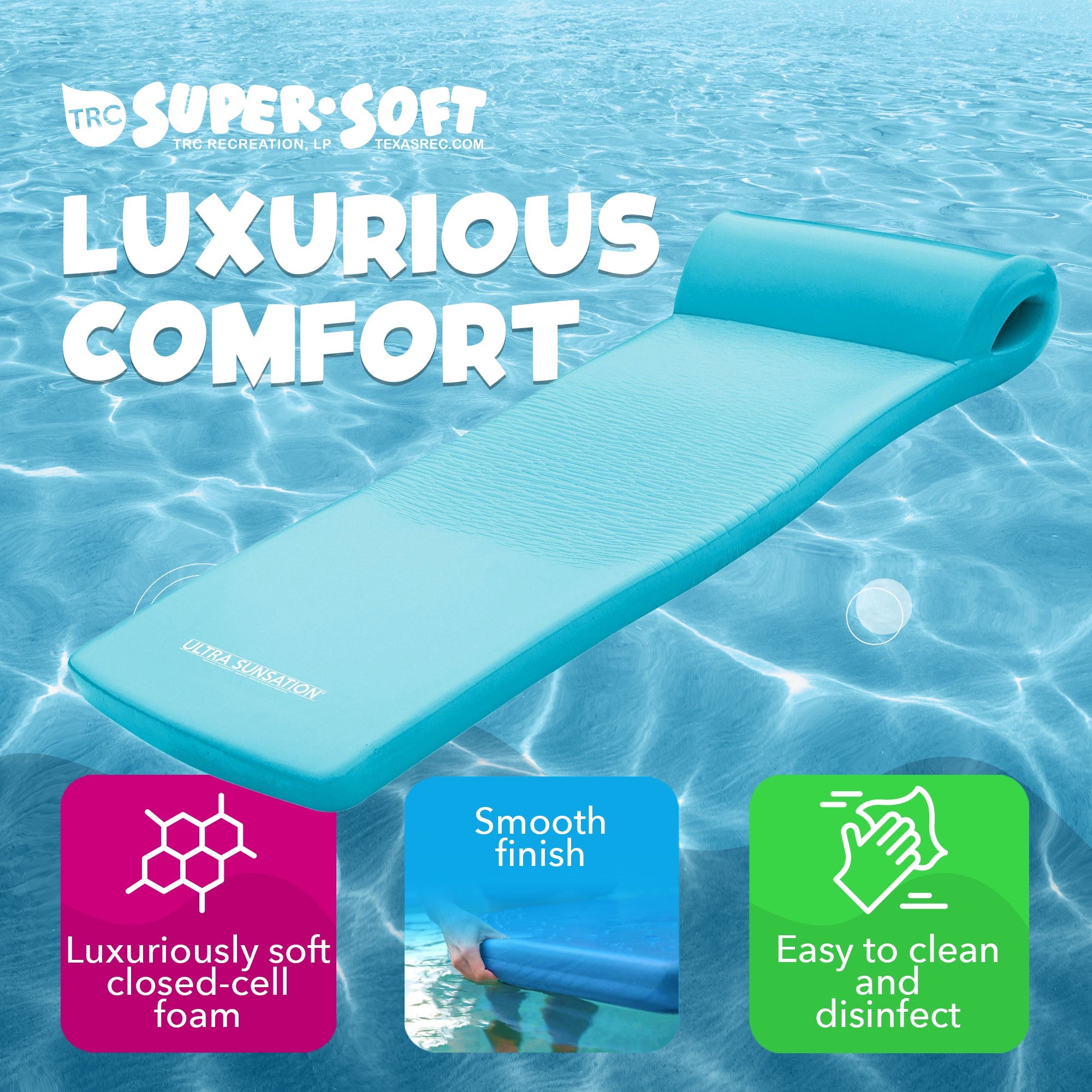 TRC Recreation Ultra Sunsation 2.5 Inch Thick Foam Pool Float Mat, Tropical Teal - VMInnovations