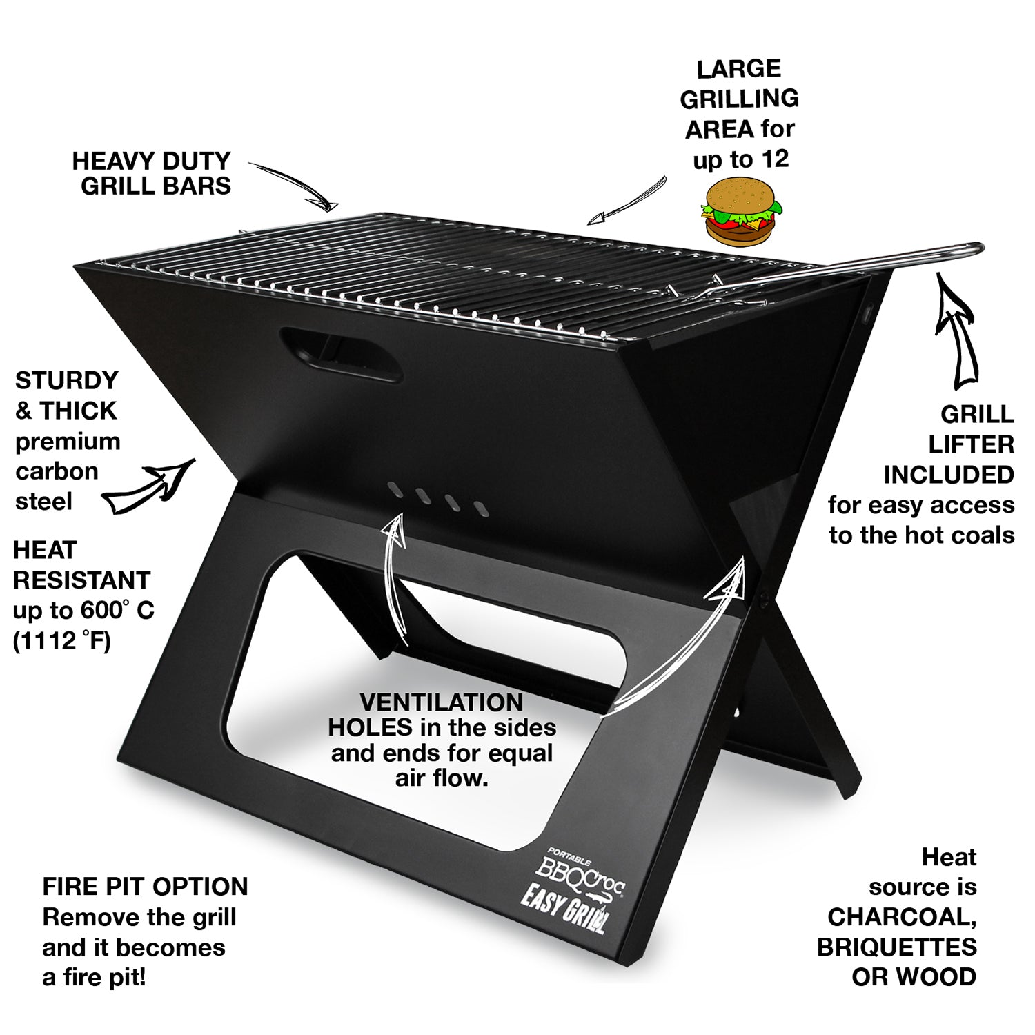 BBQCroc Compacting Portable 19 Inch Steel Barbecue Cooking Grill with Travel Bag