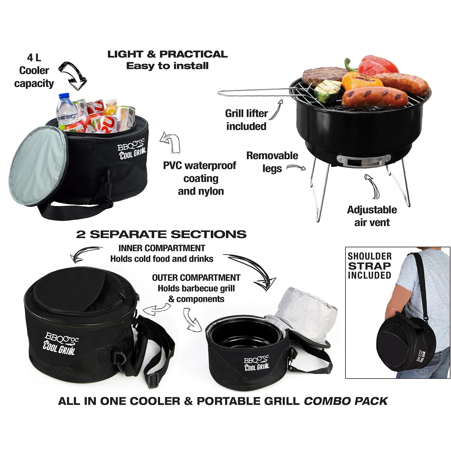 BBQCroc 89932 Portable Steel Cooking Grill with Insulated Cooler Storage, Black