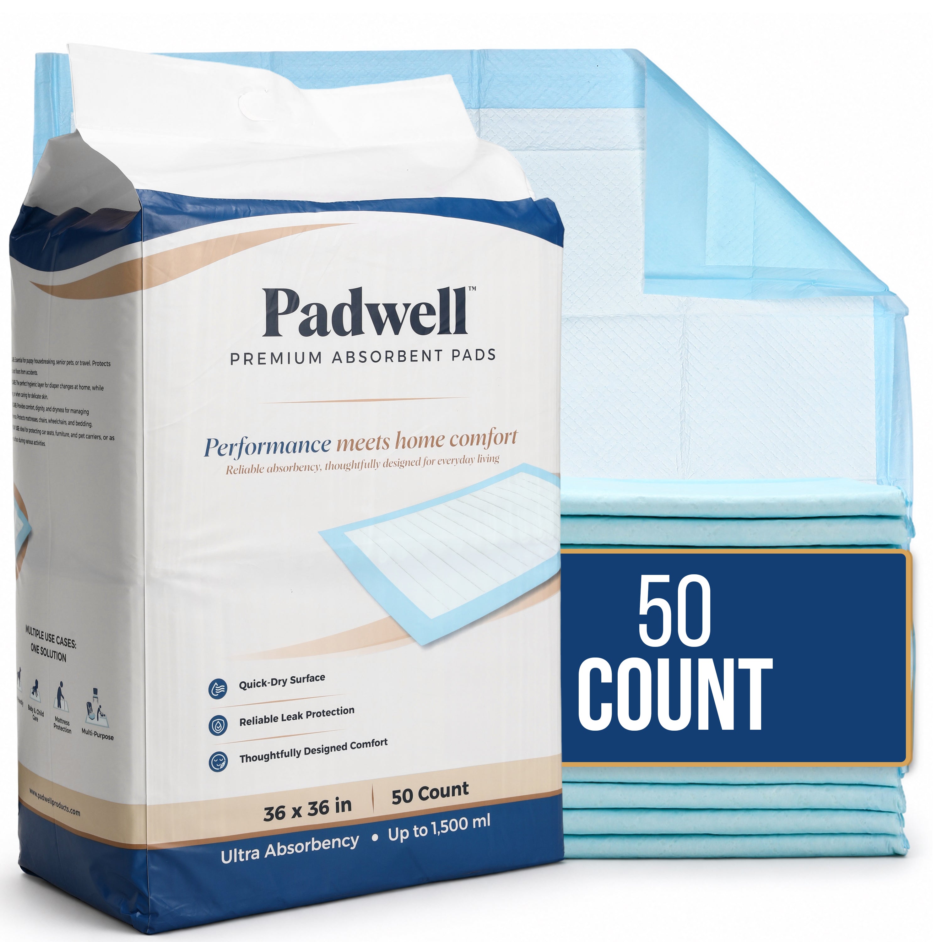 Padwell Absorbent Pads for Bed and Floor Protection, 36 x 36 Inches, 50 Count - VMInnovations