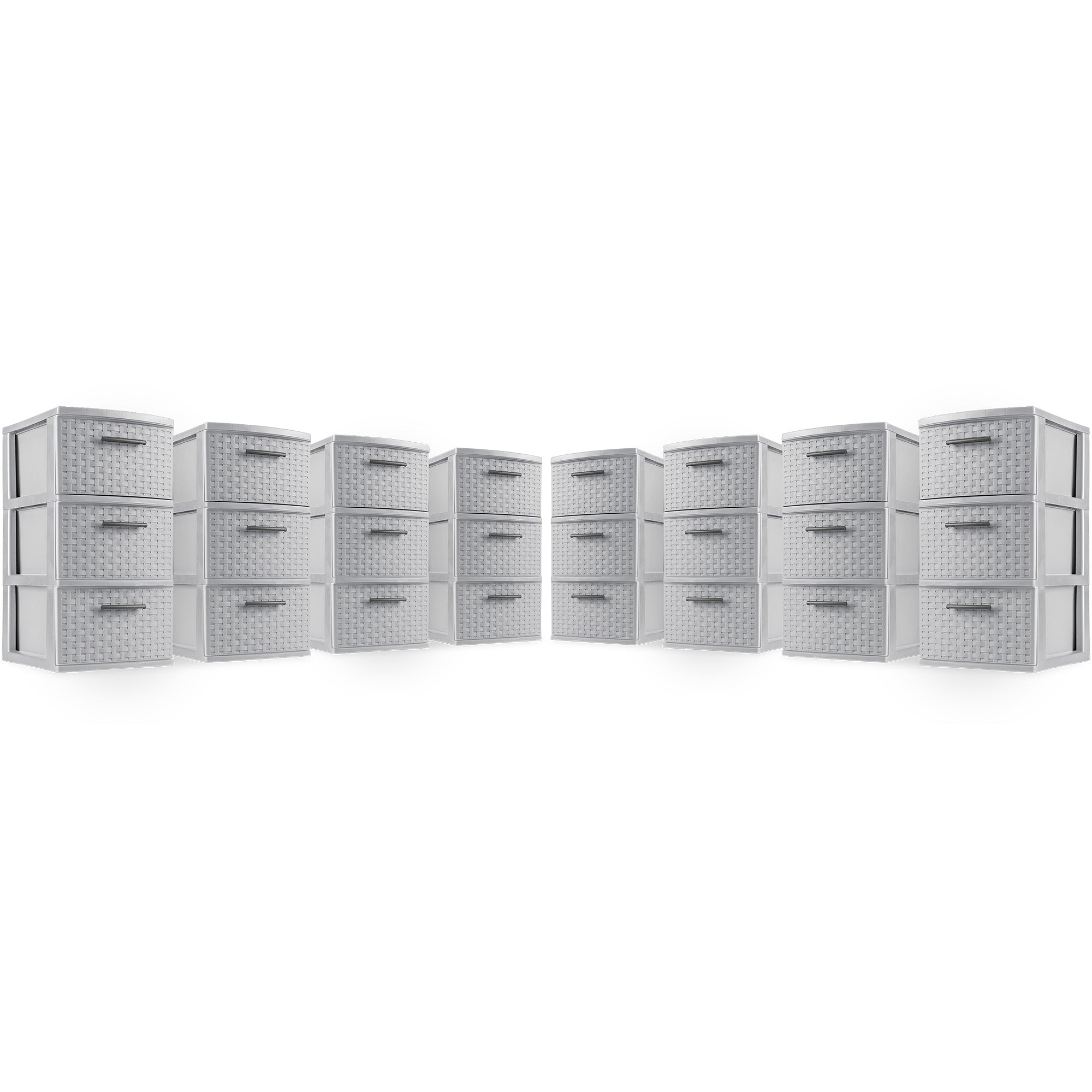 Sterilite 3 Drawer Storage Tower, Plastic Weave Medium Organizer, Cement, 8 Pack
