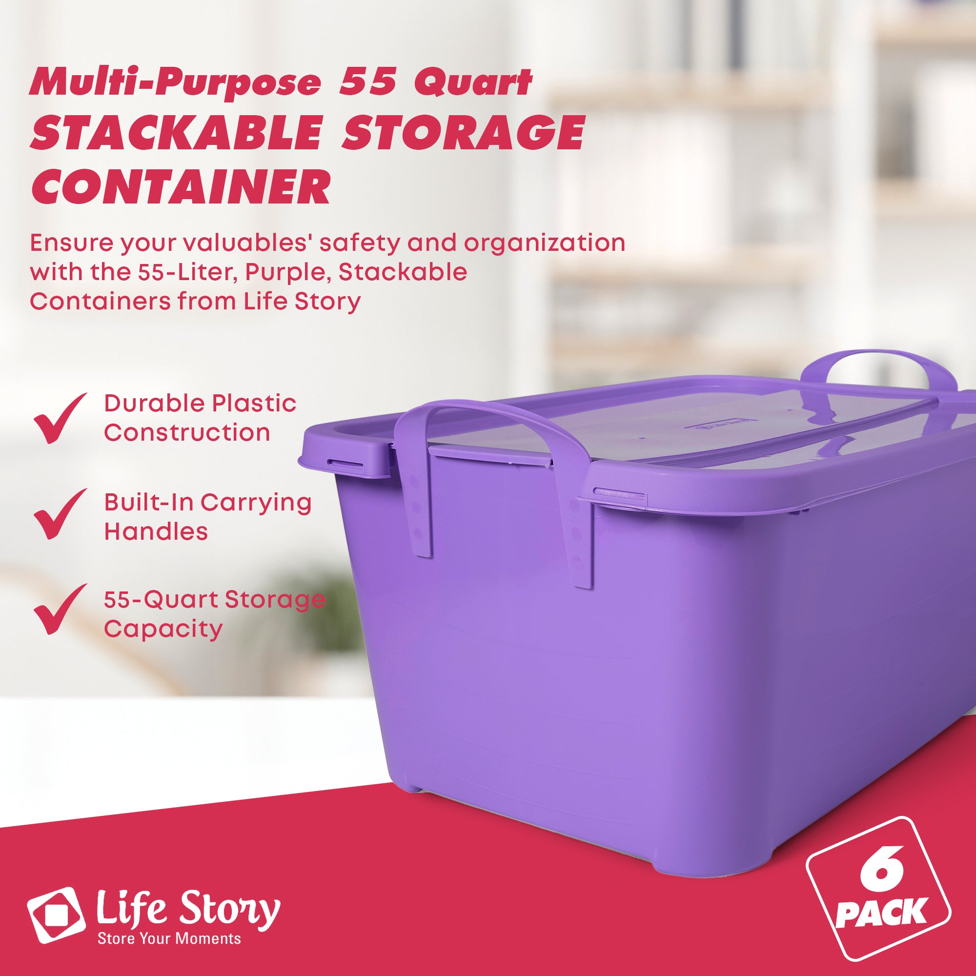 Life Story 55 Quart Stackable Storage Bin, Light Duty Container, Purple, 6 Pack - VMInnovations