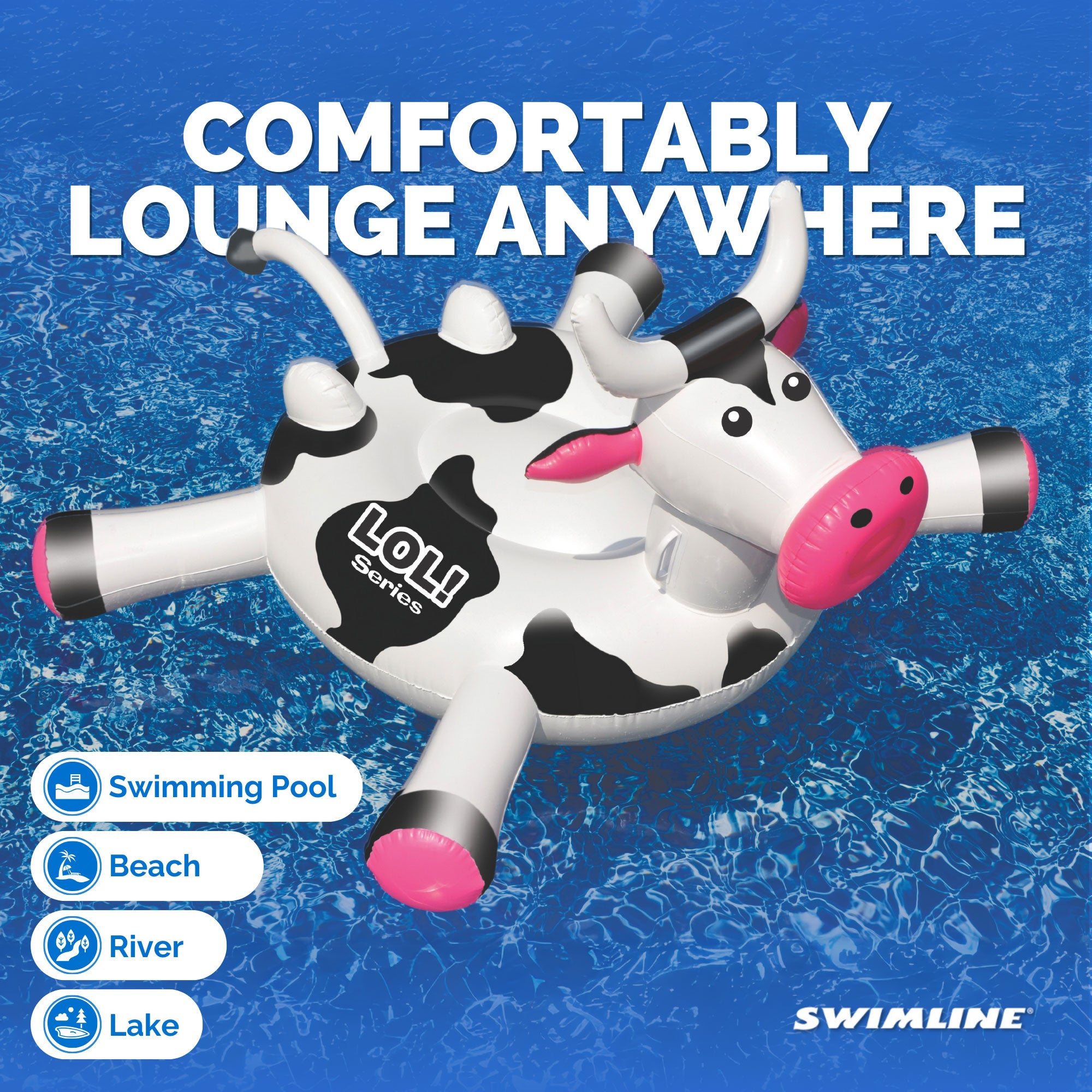 Swimline Giant 56" Inflatable LOL Cow Swimming Pool or Lake Floating Water Raft - VMInnovations