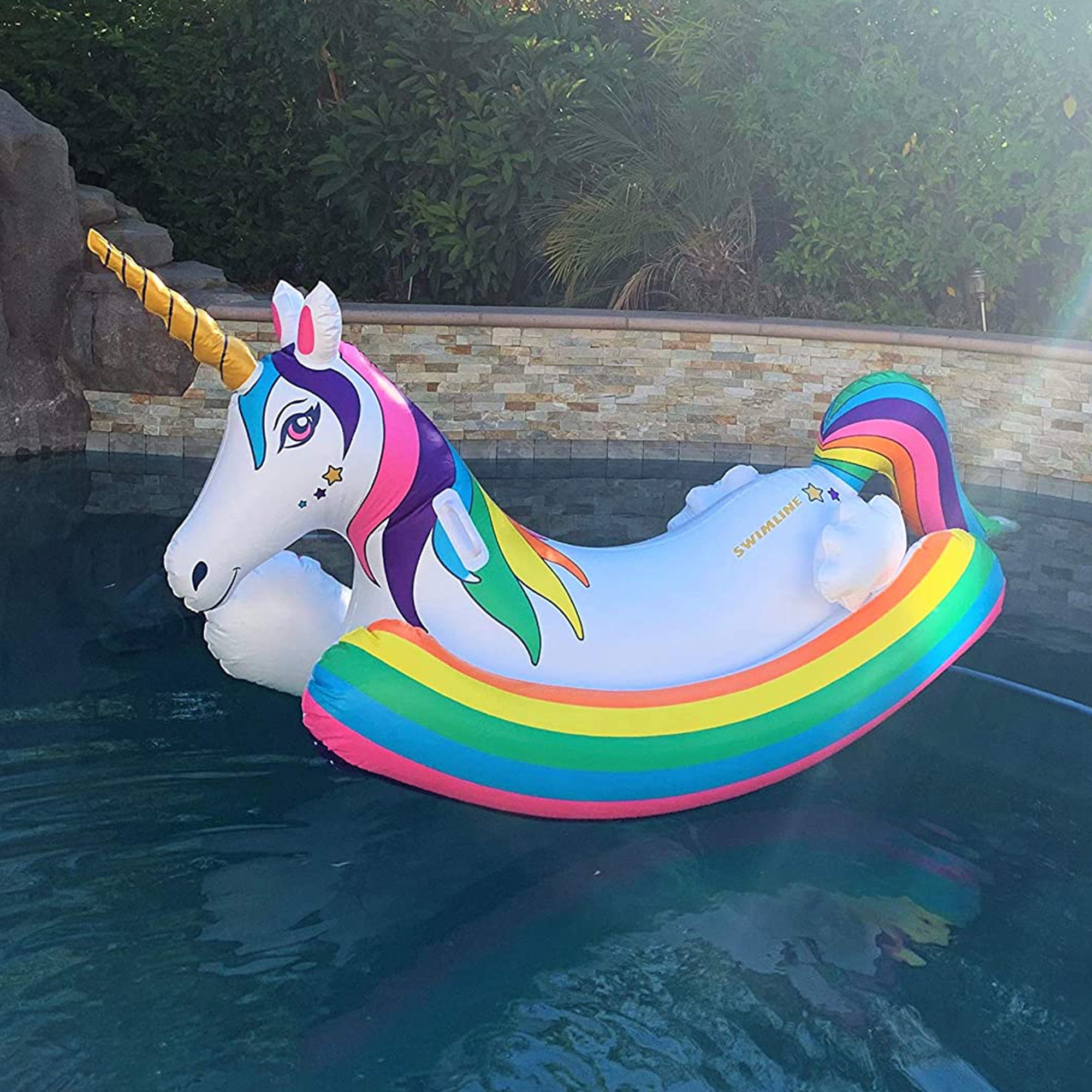 Swimline Giant Inflatable Rainbow Unicorn Rocker Ride On Swimming Pool Toy Float - VMInnovations