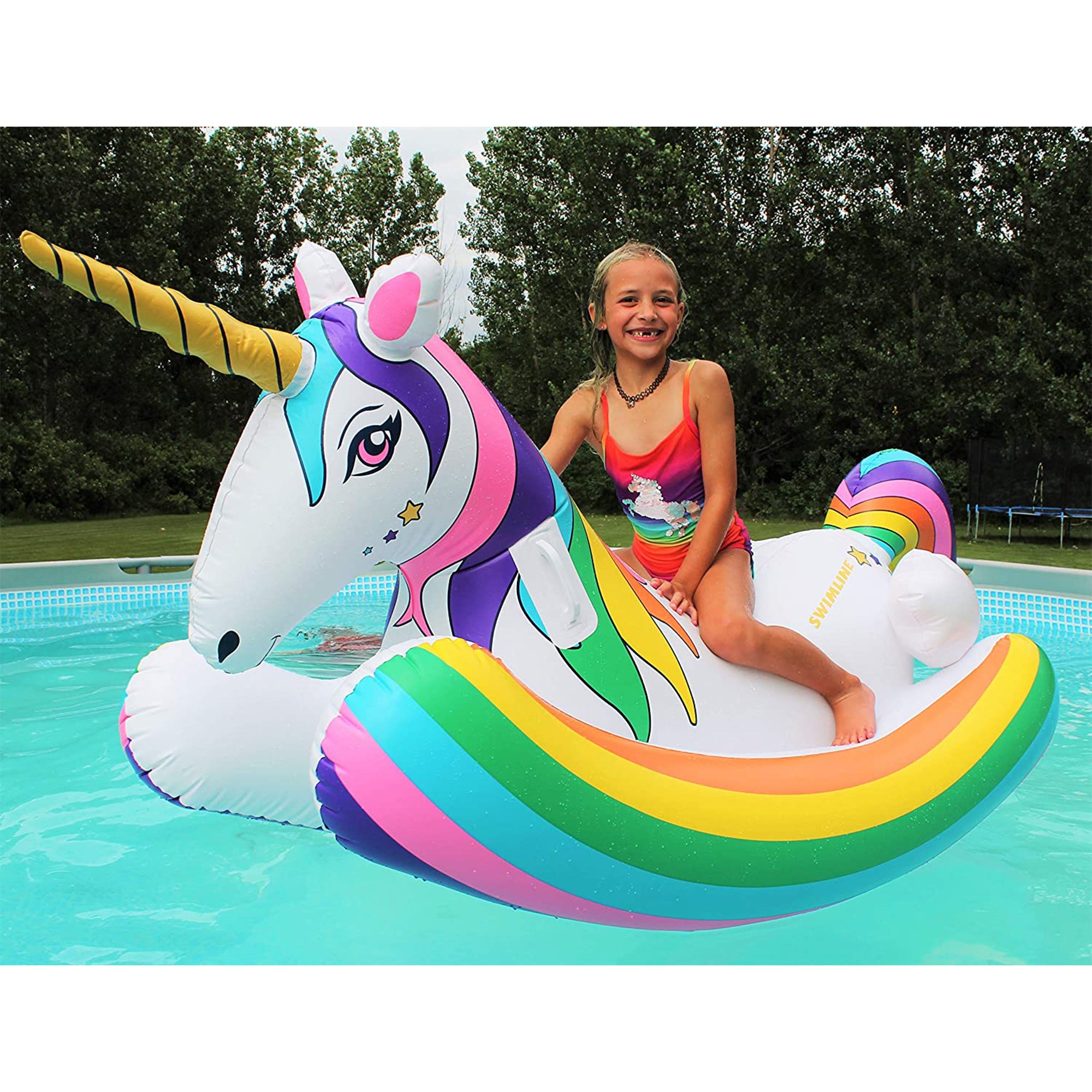 Swimline Giant Inflatable Rainbow Unicorn Rocker Ride On Swimming Pool Toy Float - VMInnovations