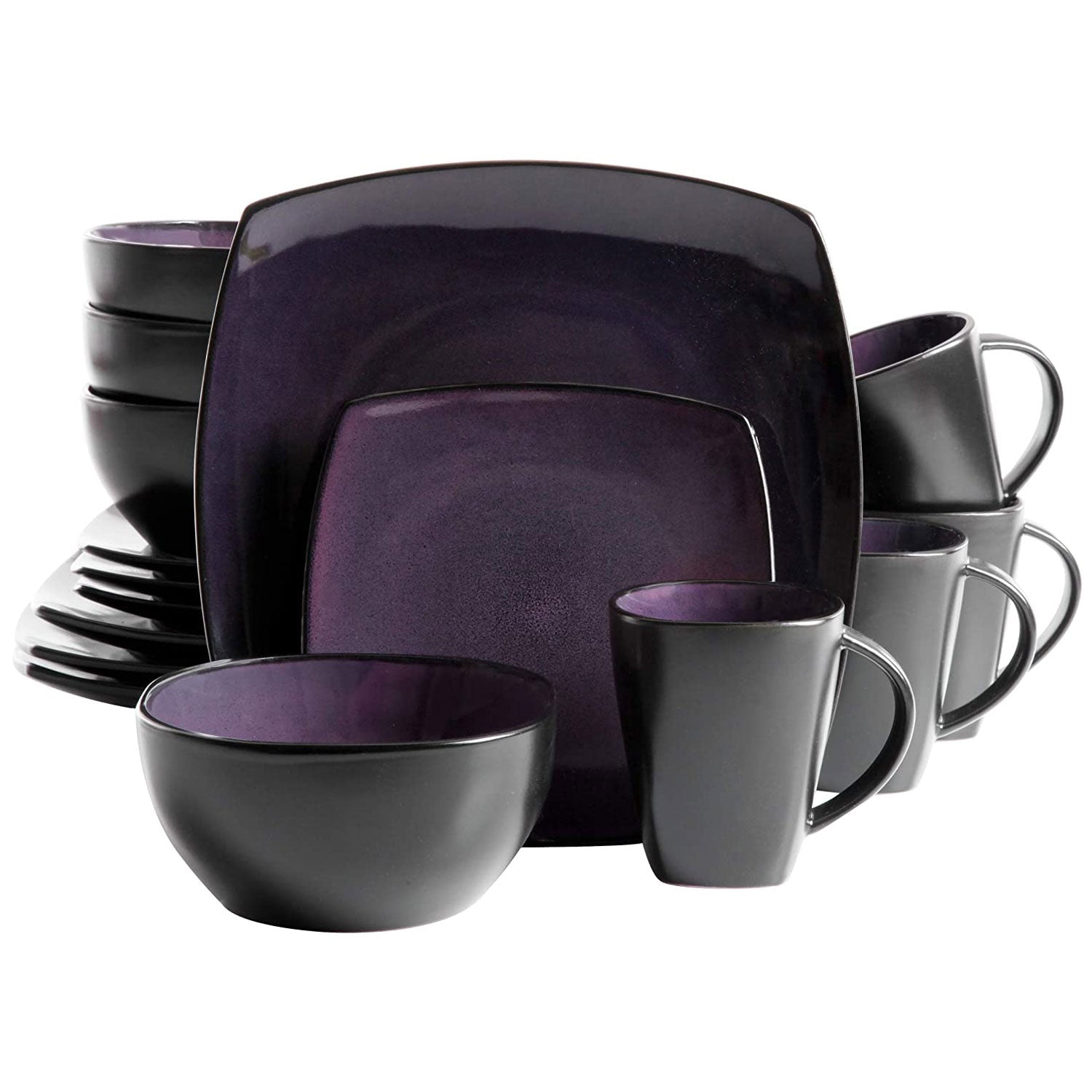 Gibson Elite Soho Lounge 16 Piece Plates, Bowls, and Mugs Set, Purple (2 Pack)