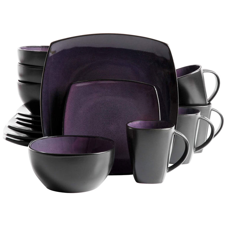Gibson Elite Soho Lounge 16 Piece Plates, Bowls, & Mugs Dinnerware Set, Purple - VMInnovations