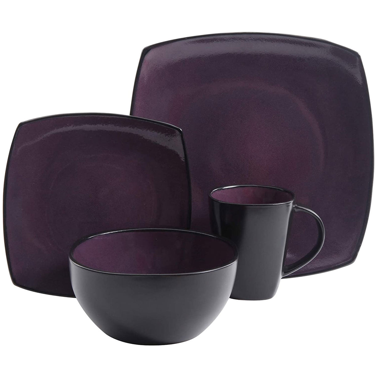 Gibson Elite Soho Lounge 16 Piece Plates, Bowls, and Mugs Set, Purple (2 Pack)