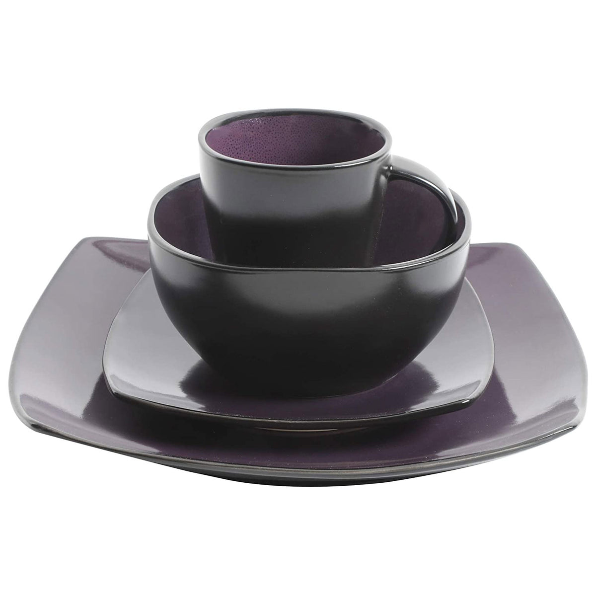 Gibson Elite Soho Lounge 16 Piece Plates, Bowls, and Mugs Set, Purple (2 Pack)