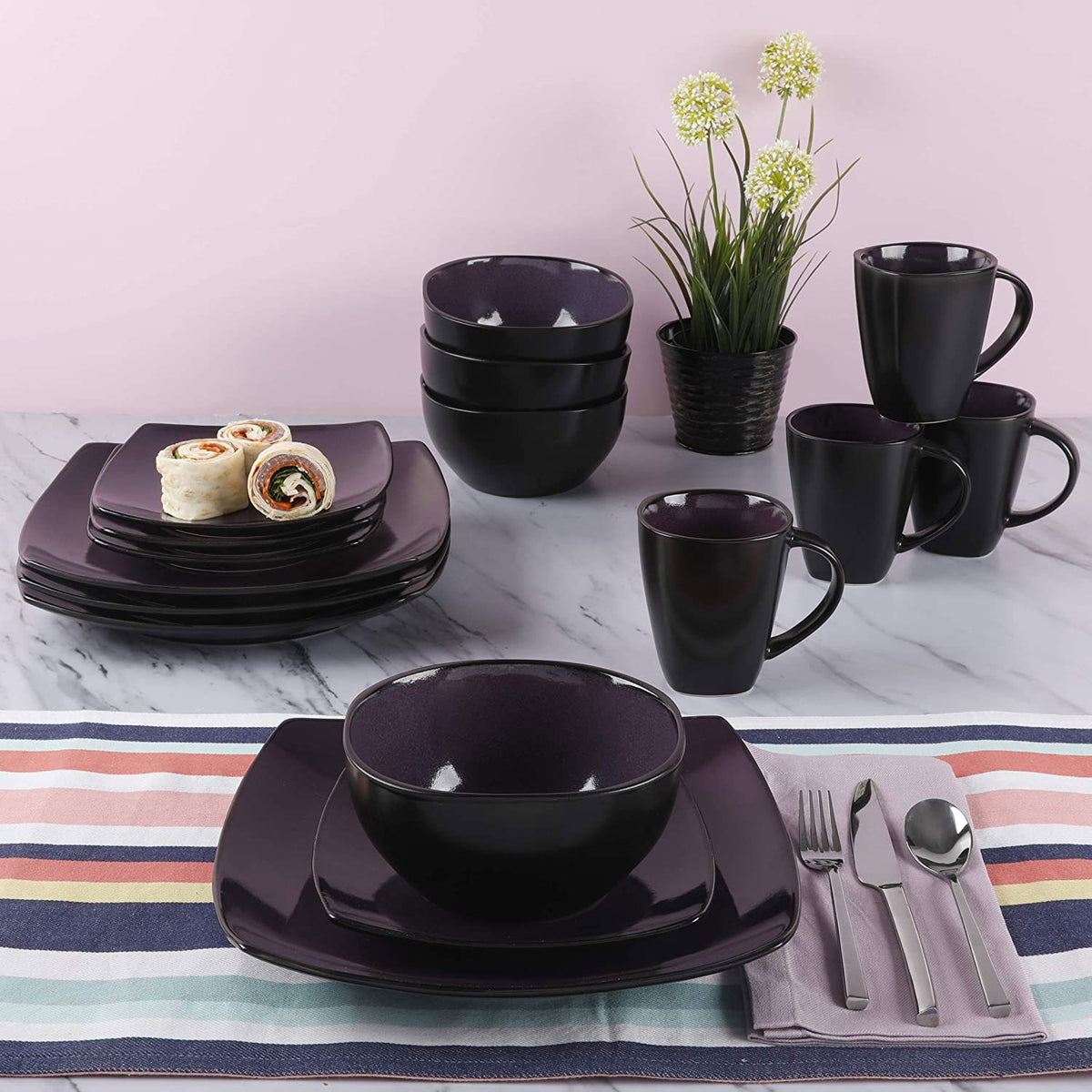 Gibson Elite Soho Lounge 16 Piece Plates, Bowls, and Mugs Set, Purple (2 Pack)
